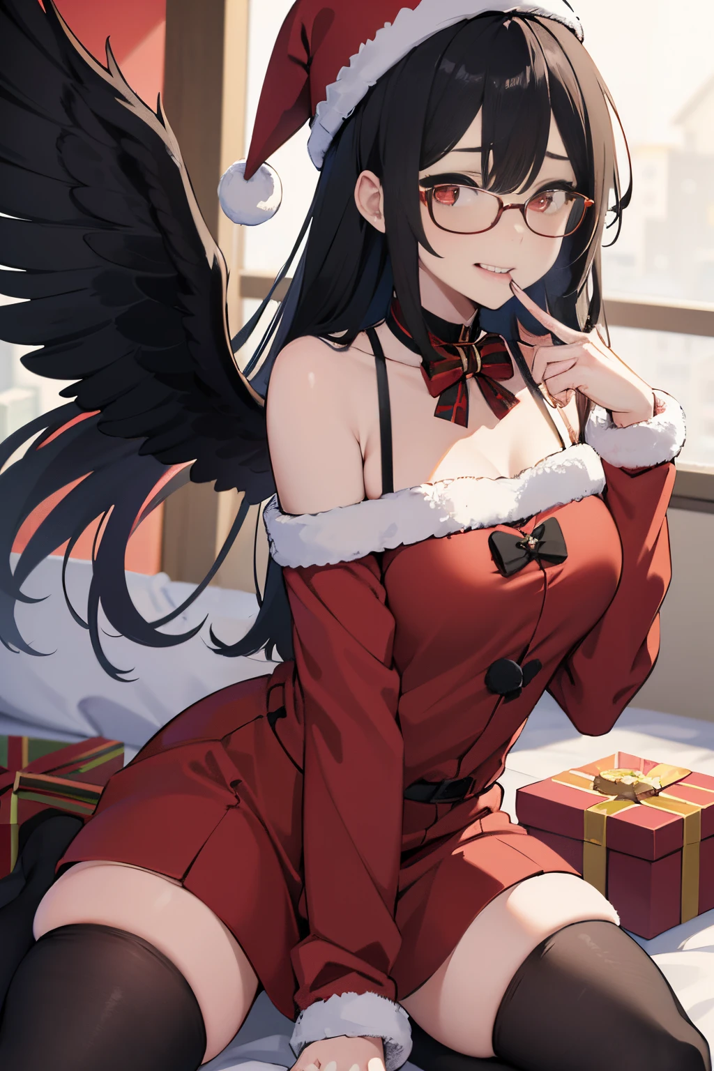 "anime girl, 1 person, black hair, shoulder length hair, red eyes, glasses, white horns, discreet, santa outfit, santa shirt, santa hat, winter outfit, big breasts, stockings, licking lips, small black wings on back, solo, front view, falling snow, Christmas gift box, Christmaull HD 4K+ image)"