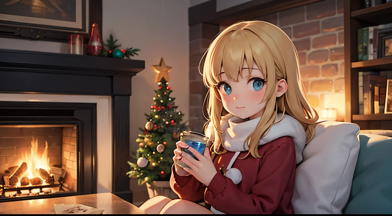 lofi art in GTA Game art style use only complimentary colors from the color wheel. A main character in first plan portrait mode, A girl age 25 looking into magical Jar with snow inside, the jar next a fireplace in on Christmas eve. A cozy and warm scene in background, Visual elements that represent Christmas.