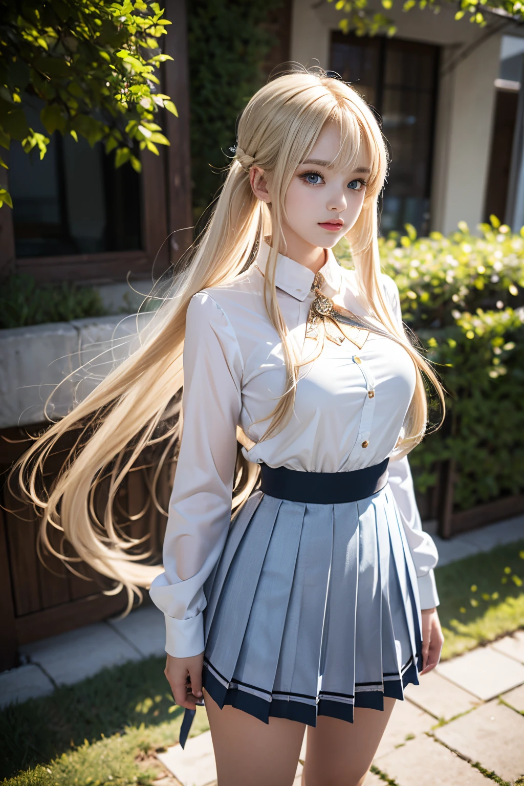 bright expression、poneyTail、Young shiny shiny white shiny skin、Best Looks、Blonde reflected light、Platinum blonde hair with dazzling highlights、shiny light hair,、Super long silky straight hair、Beautiful bangs that shine、Glowing crystal clear attractive big blue eyes、Very beautiful nice cute 16 year old girl、Lush bust,Beautiful detailed eyes, beautiful detailed nose,(( Full body:1.25)),Makeup that the eyes emphasize、((Mini pleated skirt with many folds)),(Women like Joan of Arc)、s Armor、Knights, With a sword and shield，Royal style，Comic style, , Sub-surface scattering, ornate detail, nature backdrop, Hyper-realistic, Cinematic, Dramatic Lighting, masutepiece、Fight with a sword in both hands、fluffy hair、