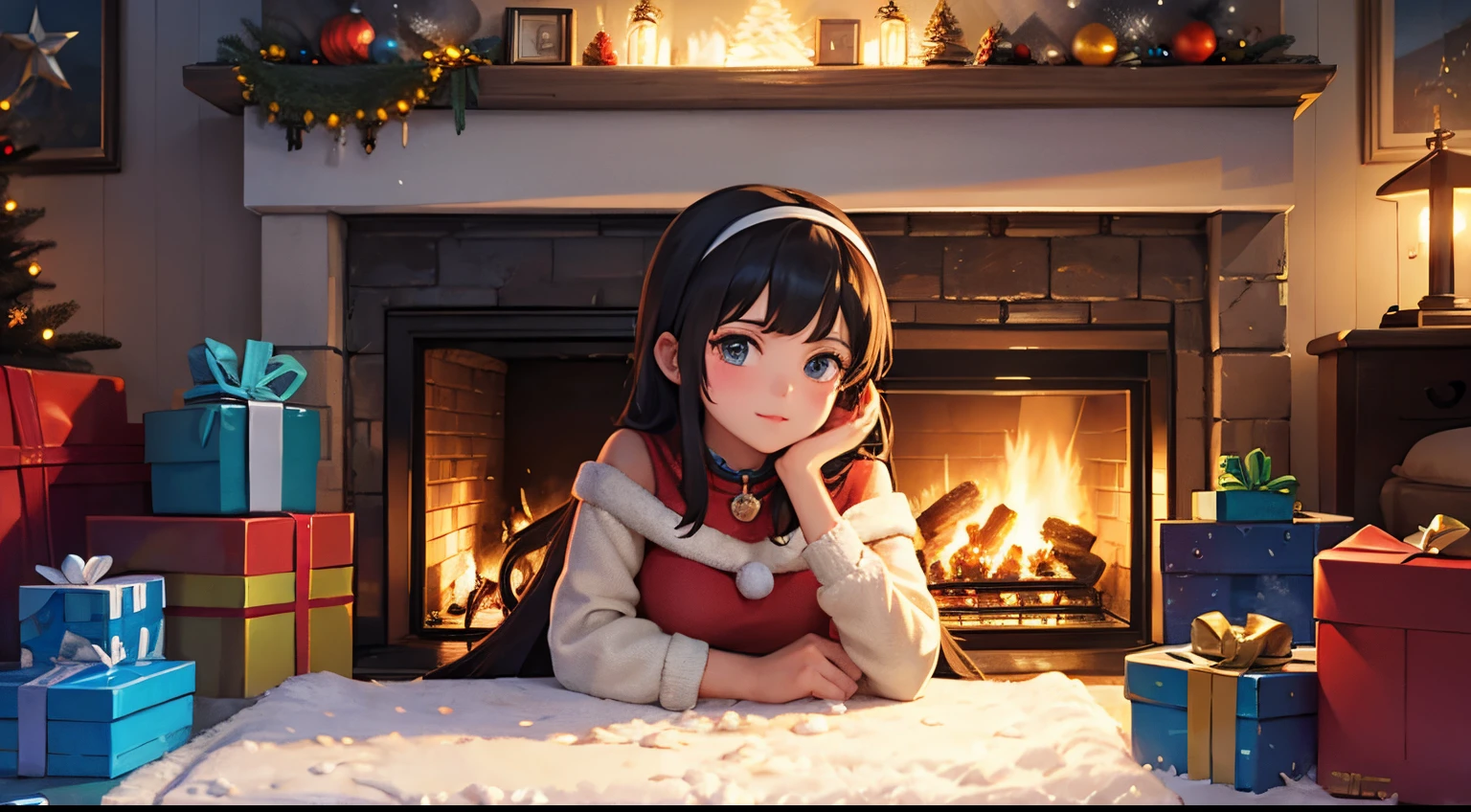 lofi art in GTA Game art style use only complimentary colors from the color wheel. A main character in first plan portrait mode, A girl age 25 looking into magical Jar with snow inside, the jar next a fireplace in on Christmas eve. A cozy and warm scene in background, Visual elements that represent Christmas.