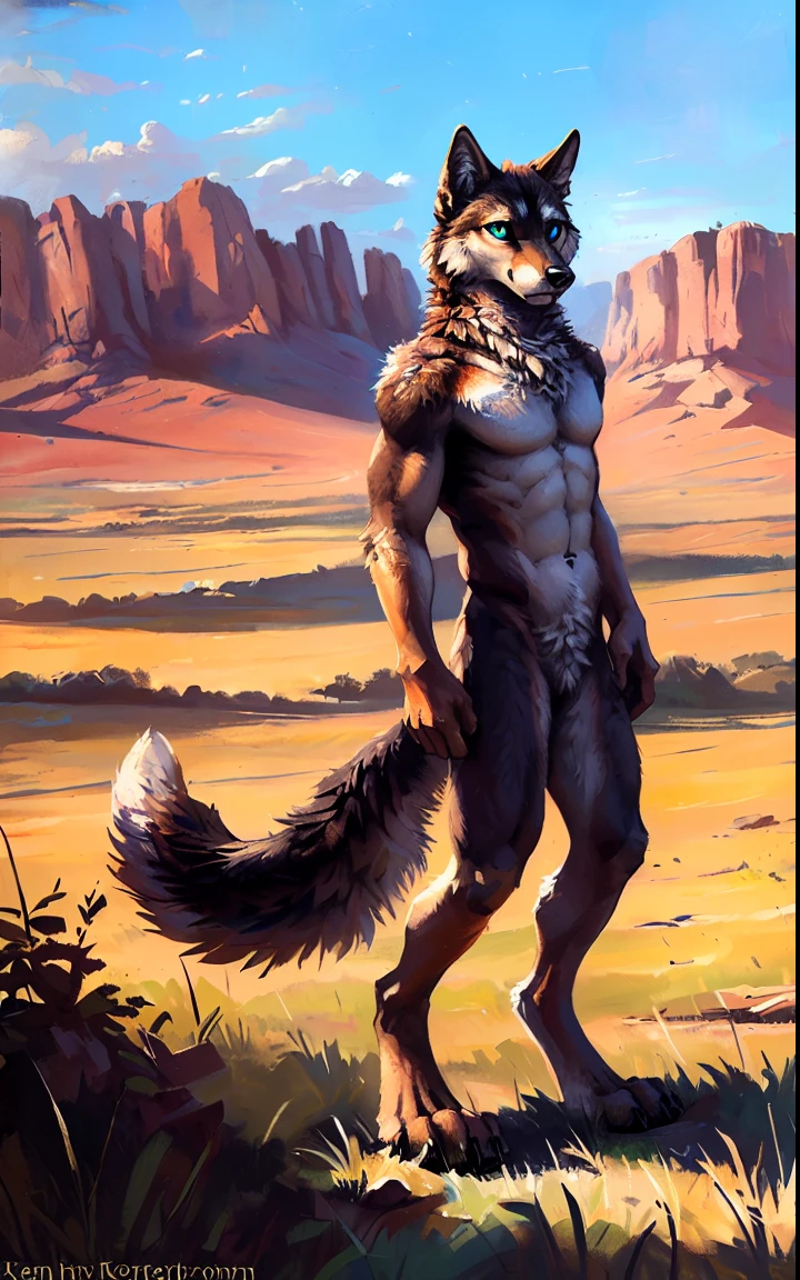 ((Solo)), male people, anthro wolf, (Multi-colored fur, White-brown:1.3，White tail pointed), (Height 2.1m,Tail length 1.5m), ((Wolf face, Big eyes, White eyelids, Blue pupil, Slim:1.2) (Tough, Calm expression:1.2)), Abs, Slim, pinging)), (Correct anatomy), Naked all over the body,A long big tail，Feet，(Realistic fur, Detailed fur texture, labeled:1.3)), (Natural lighting), Photorealistic, Hyperrealistic, ultradetailed, by Kenket，Endless grasslands，No artifacts