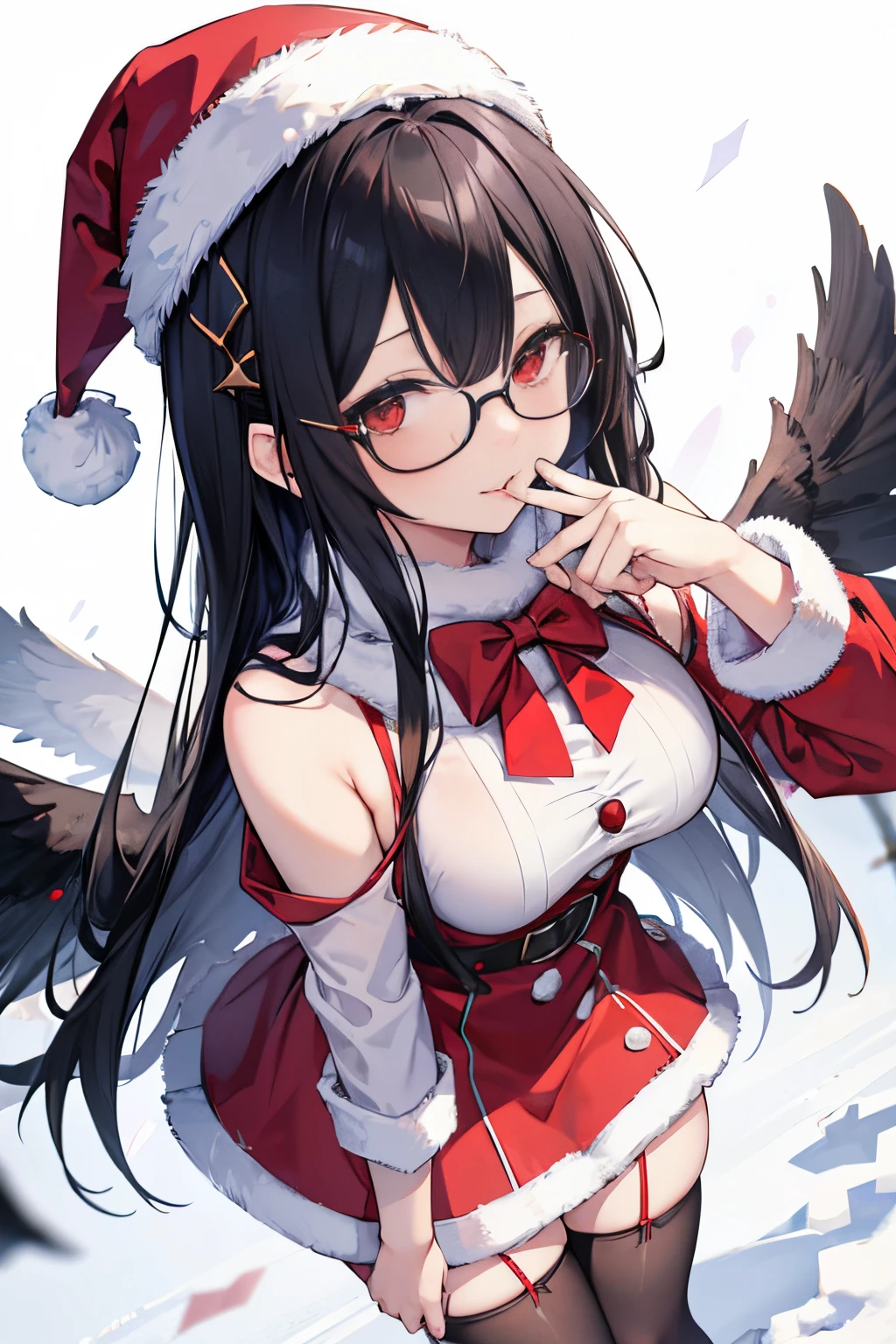"anime girl, 1 person, black hair, shoulder length hair, red eyes, glasses, white horns, discreet, santa outfit, santa shirt, santa hat, winter outfit, big breasts, stockings, licking lips, small black wings on back, solo, front view, falling snow, Christmas gift box, Christmaull HD 4K+ image)"