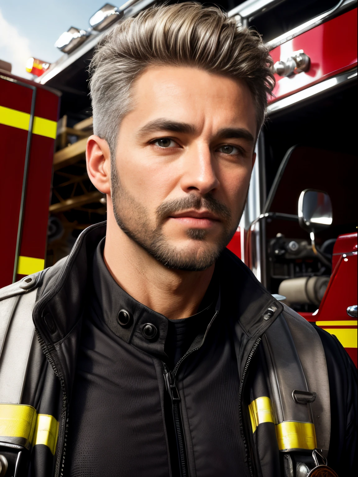 masterpiece, best quality, high resolution, closeup portrait, male focus, solo focus, A man, 55 years old, with firefighter uniform, firefighter suit, firefighter, bleached blonde silver hair, looking french, messy short hairstyle, cute and seductive face, bare chest, body hair, facial hair, facial hair unshaved, roman nose, very skinny body, hairy legs, dimples, medium beard, bold jawline , in the background a fire station,  view from below, amazing composition, front view, HDR, ultra quality, elegant, highly detailed