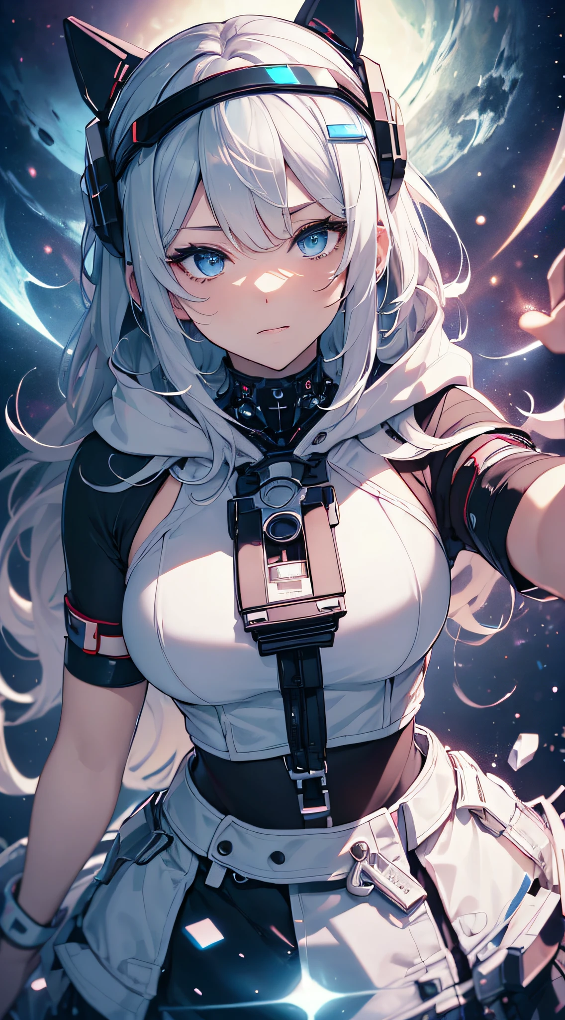top-quality、Top image quality、masterpiece、teens girl((White and blue hoodie、Black skirt、18year old、 Ager、Best Bust、big bast,Beautiful light blue eyes, Long silver hair、A slender,Large valleys、Reflecting the whole body、Leaning forward、Attach the VR visor to your eyes、I have a VR stick controller、Excited face、play VR)),hiquality、Beautiful Art、Background with(( Cyber World、Cyber World、Space world、universes)))、masutepiece、depth of fields,