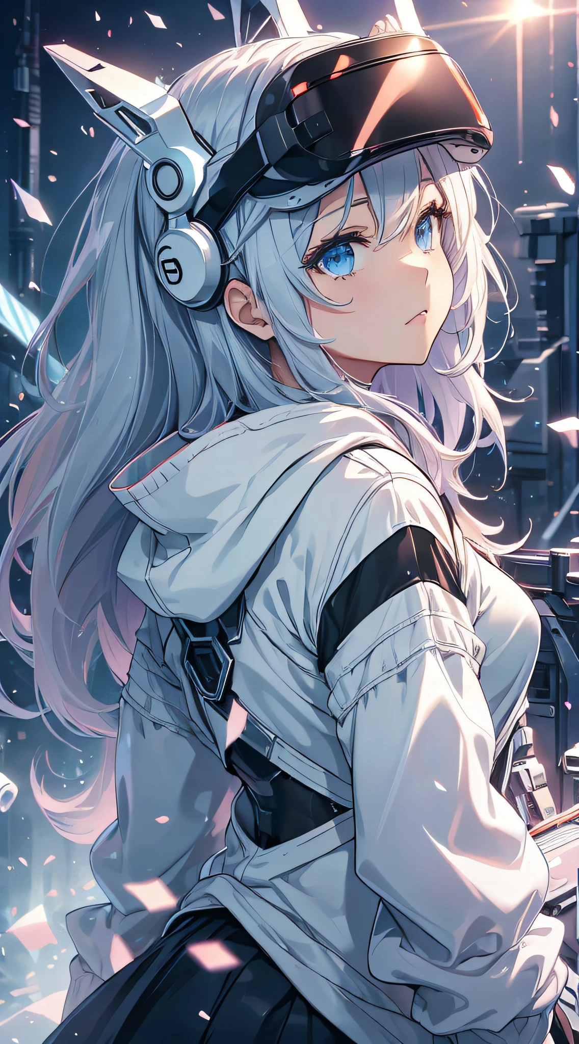top-quality、Top image quality、masterpiece、teens girl((White and blue hoodie、Black skirt、18year old、 Ager、Best Bust、big bast,Beautiful light blue eyes, Long silver hair、A slender,Large valleys、Reflecting the whole body、Leaning forward、Attach the VR visor to your eyes、I have a VR stick controller、Excited face、play VR)),hiquality、Beautiful Art、Background with(( Cyber World、Cyber World、Space world、universes)))、masutepiece、depth of fields,