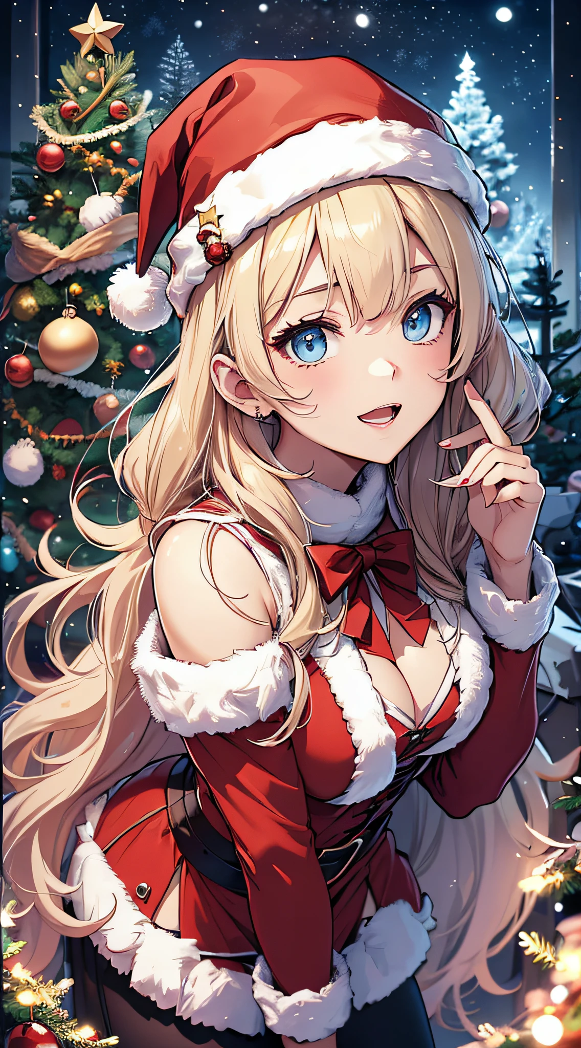top-quality、Top image quality、masterpiece、s girl((Christmas、Santa's Hat、18year old、 Ager、Best Bust、big bast,Beautiful wide open light blue eyerest, a blond、A slender,Large valleys、dye one's cheeks red、Reflecting the whole body、Laugh、holding a white christmas gift bag、red cloak、Shy face、embarassed face、,Leaning forward、saluting)),hiquality、Beautiful Art、Background with((my stylish night room、Christmas Wind、Stove、Red carpet on the floor、fireplace、Christmas tree、Red bed、Kotatsu、Christmas present)))、masutepiece、depth of fields,