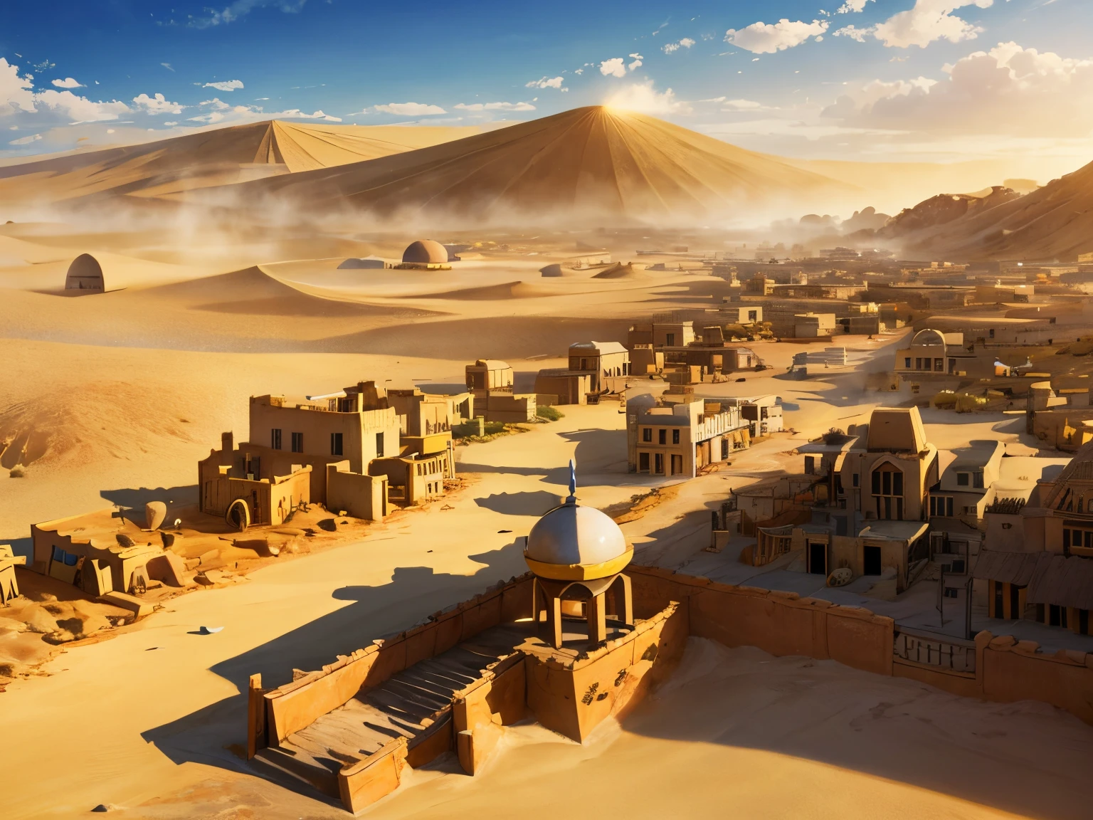 Unreal, (village), (town), A peaceful town of earth crystals in the desert, dune houses, yellow hue, sky with bright sunlight and sand storm.