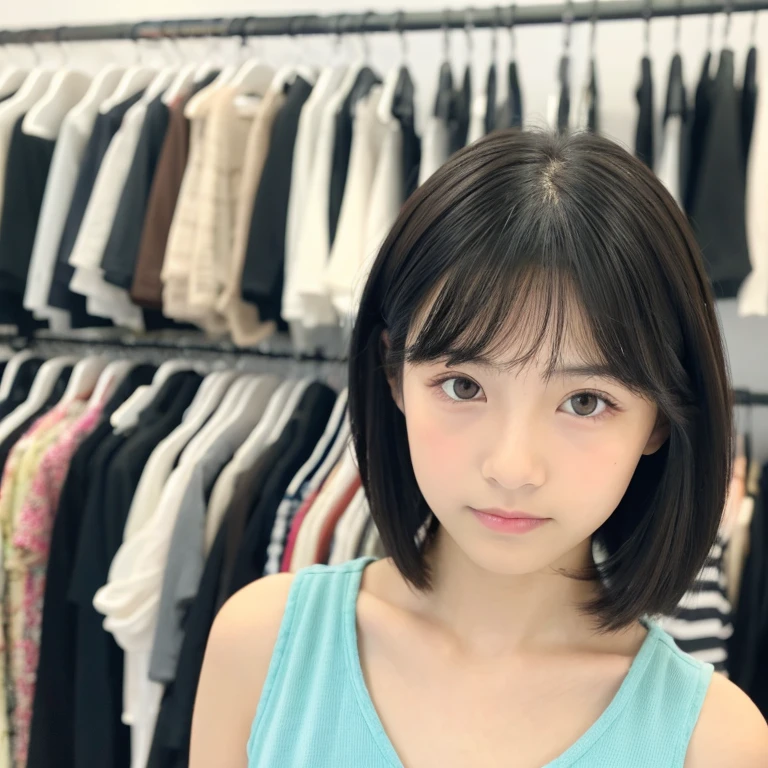 An ultra-high picture quality、Perfect Photo、japanes、japanese beauty girl、15yo student、Small eyes、Slender eyes、dressing room、summer clothing、Photography Studio、A dark-haired、Reverse Bob Hair、look to the side、