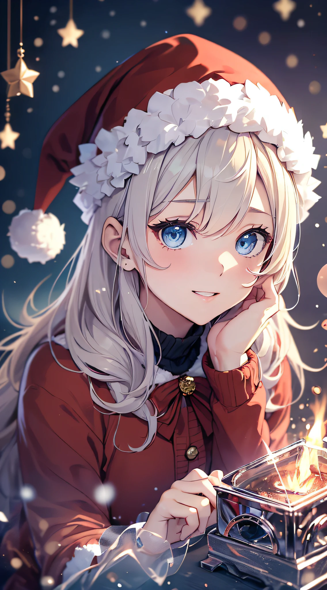 top-quality、Top image quality、masterpiece、teens girl((Christmas、Santa's Hat、18year old、 Ager、Best Bust、big bast,Beautiful wide open light blue eyerest, a blond、A slender,Large valleys、dye one's cheeks red、Reflecting the whole body、Laugh、holding a white christmas gift bag、red cloak、Shy face、embarassed face、,Leaning forward、saluting)),hiquality、Beautiful Art、Background with((my stylish night room、Christmas Wind、Stove、Red carpet on the floor、fireplace、Christmas tree、Red bed、Kotatsu、Christmas present)))、masutepiece、depth of fields,