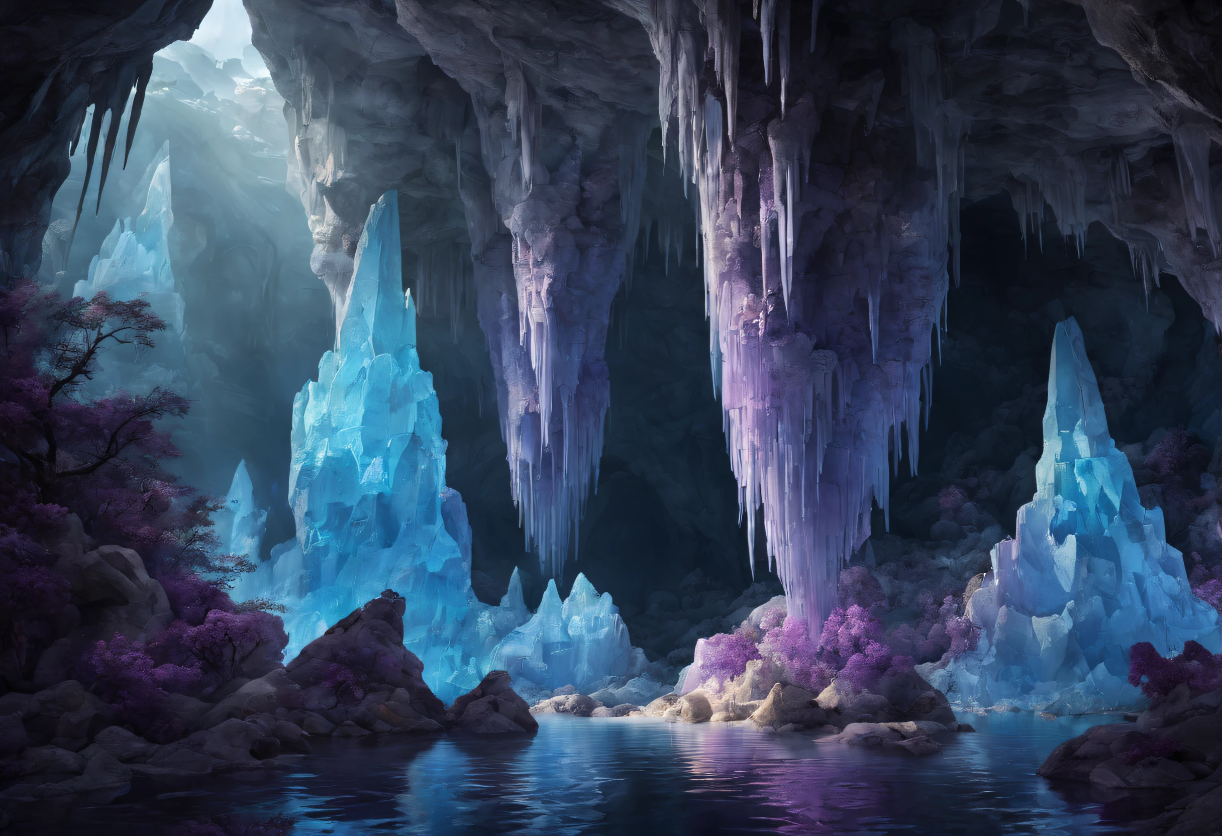 (a large, majestic crystal cave),(best quality,high-res:1.2),(mesmerizing,unforgettable,awe-inspiring,unbelievably beautiful:1.1),(shimmering,sparkling,glowing:1.1),(dazzling,translucent crystals:1.2),(brilliant colors,prismatic reflections),(mysterious darkness,subtle shades of blue and purple),(ethereal lighting,subtly illuminates the cave),(dripping stalactites,stalagmites towering above),(crystalline formations,geometric patterns),(serene atmosphere,tranquil and peaceful),(natural beauty,unspoiled and untouched),(unimaginable size and scale),(an otherworldly sanctuary),(deep underground,in a hidden secret realm),(discovering hidden treasures,exploring uncharted territory),(adventure awaits,thrilling journey through the cave),(sense of wonder and awe,overwhelmed with beauty),(magic and mystery,enchanted by the cave's allure)