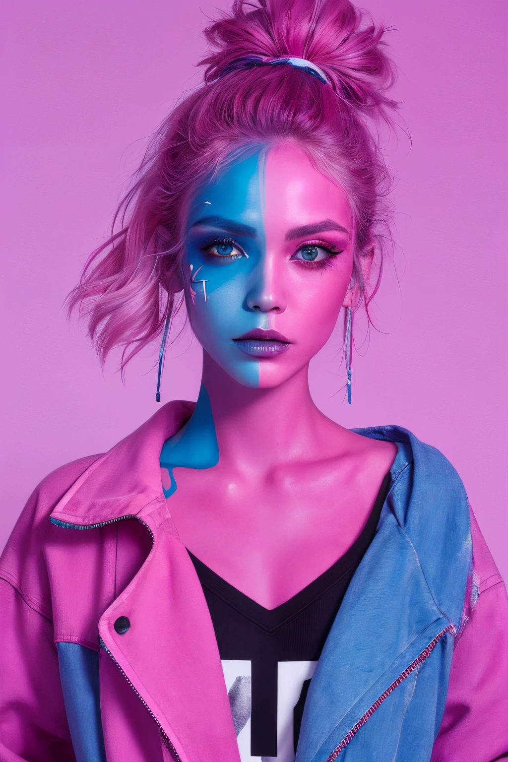 (coolcolor:1),1 sister, Internet fashion, Punk fashion, cosmetics, facepaint, Pink eyeshadow, , jaket, upper part of body,((tmasterpiece)), ((Best quality)), 8K, high detal, ultra - detailed,