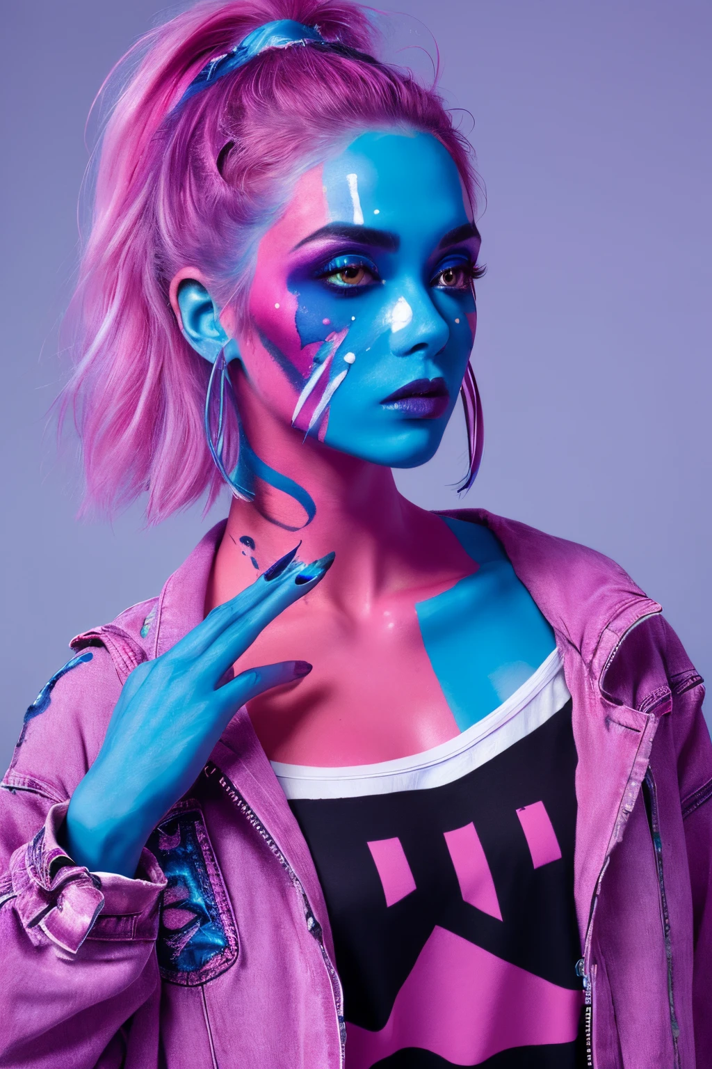 (coolcolor:1),1 sister, Internet fashion, Punk fashion, cosmetics, facepaint, Pink eyeshadow, , jaket, upper part of body,((tmasterpiece)), ((Best quality)), 8K, high detal, ultra - detailed,