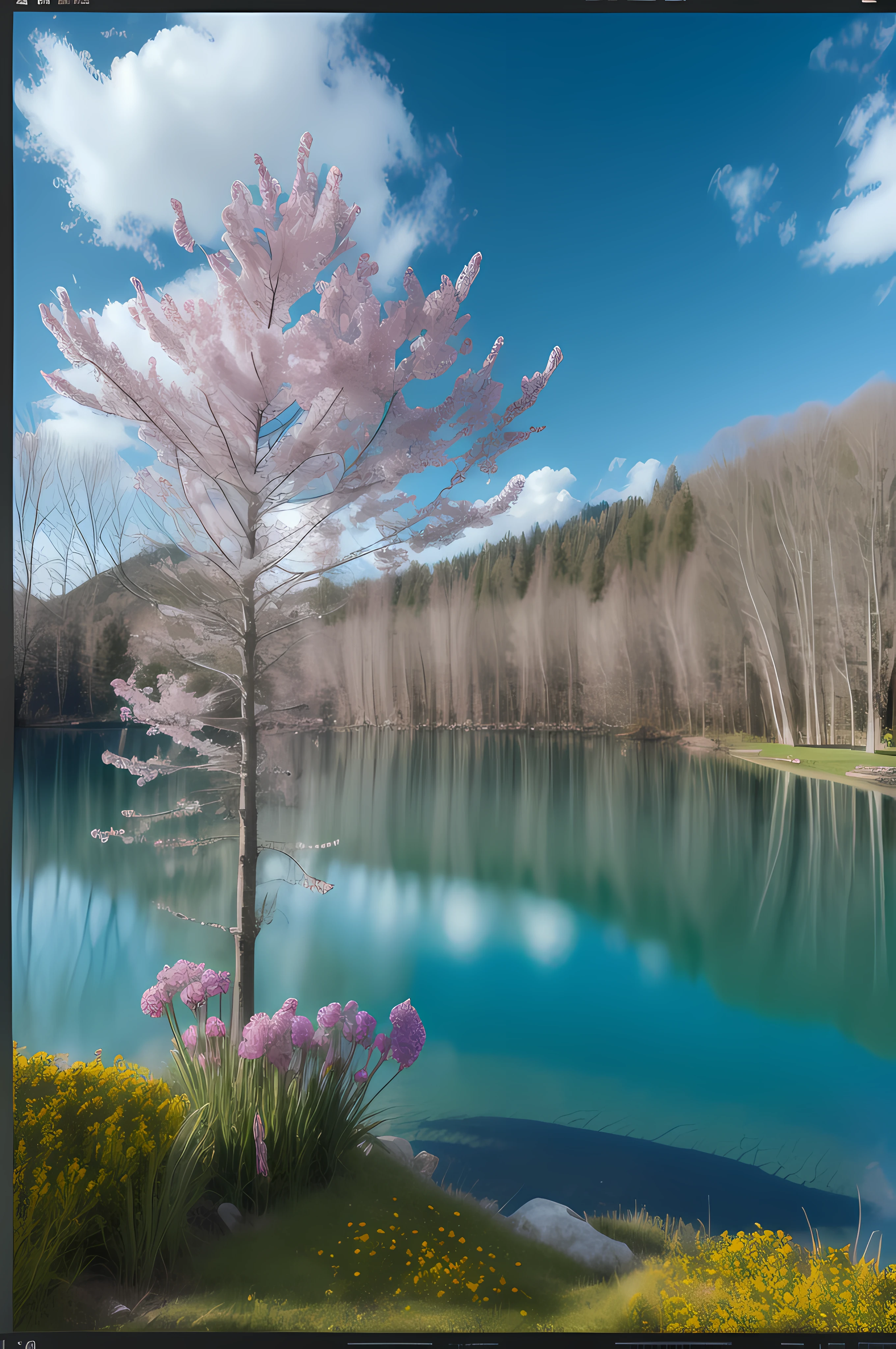 tmasterpiece, Best quality, high high quality, extremely detaild的 CG unified 8k wallpapers, scenecy, Outdoor sports, sky sky, cloud, day, without humans, Monte, The landscape, Eau, that tree, blue-sky, waterfall man, precipice, natural, lake, floods, The sky mostly cloudy,award winning photography, bokeh, depth of fields, HighDynamicRange, full bloom, color difference ,realistically,very detailed nipples, Hot topics on artstation, CGsociety trends, iintricate, high detal, theatrical, halfway art