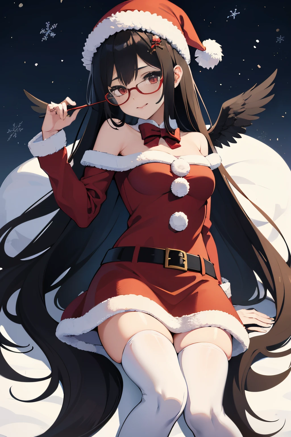 "anime girl, 1 person, black hair, shoulder length hair, red eyes, glasses, white horns, discreet, santa outfit, santa shirt, santa hat, winter outfit, big breasts, stockings, licking lips, small black wings on back, solo, front view, falling snow, Christmas gift box, Christmaull HD 4K+ image)"