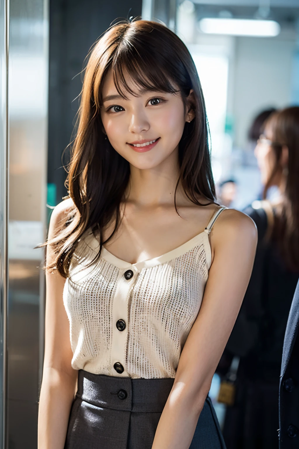 (8K、Raw photography、top-quality、​masterpiece:1.2)、(realisitic、Photorealsitic:1.37)、ultra-detailliert、超A high resolution、女の子1人、see the beholder、beautifull detailed face、Cheerful smile、Black-rimmed glasses、Constriction、(Slim waist) :1.3)、Wearing a suit、Tight skirt、new employee、Idol in uniform、Inside the elevator、Beautiful detailed skin、Skin Texture、The background is office、White Beige Knitted Camisole、Very thin and very thin shoulder strap(Previous button)、15yo student　Neat and elegant　The average hairstyle of Japan idols　little smiling　waist shot
