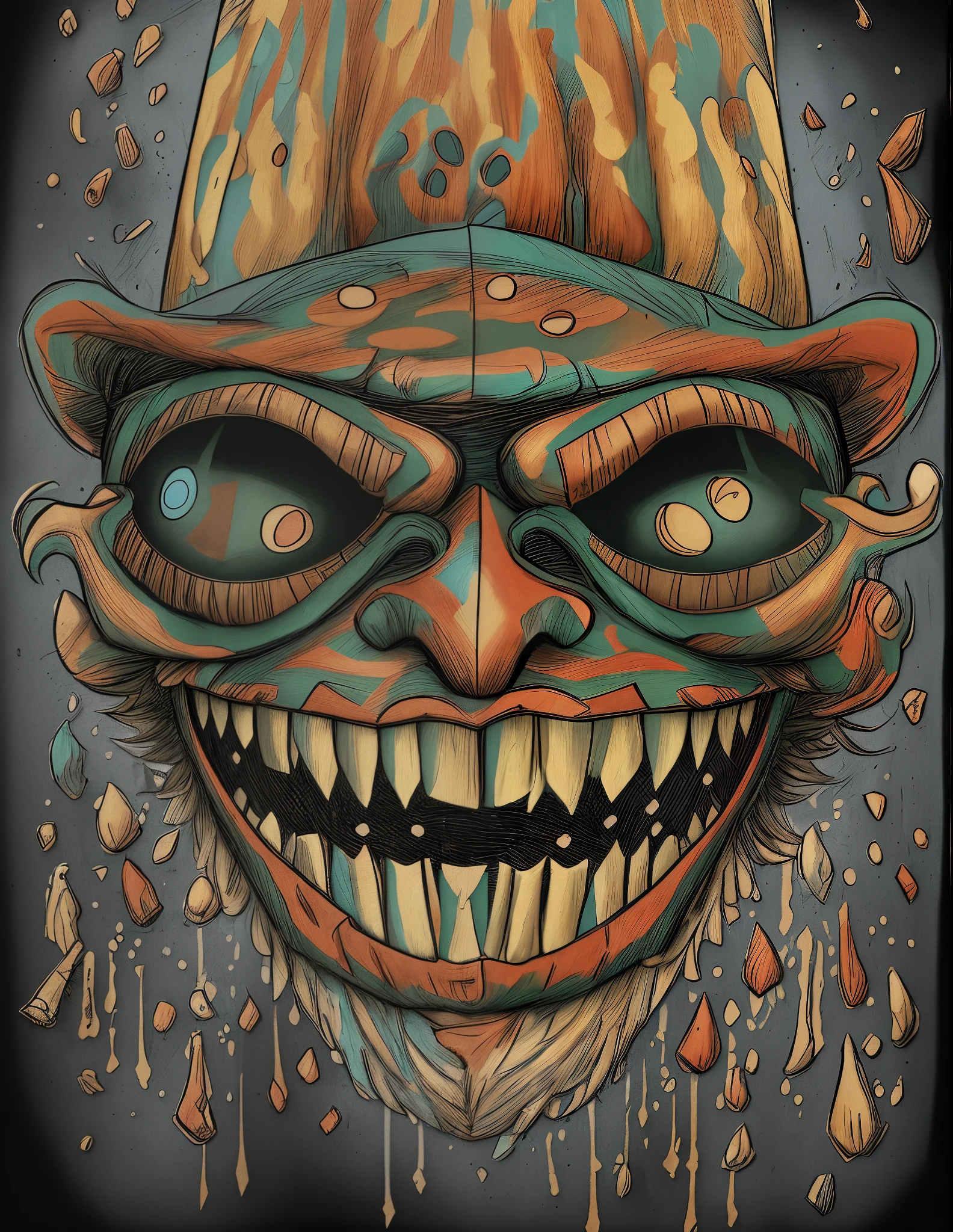 have a big mask,oda'oda'There's a toothy face on it, murderous carnival freak, hallucinatory art, Crazy Pulcinella face, Hallucinations, 4k horror color art