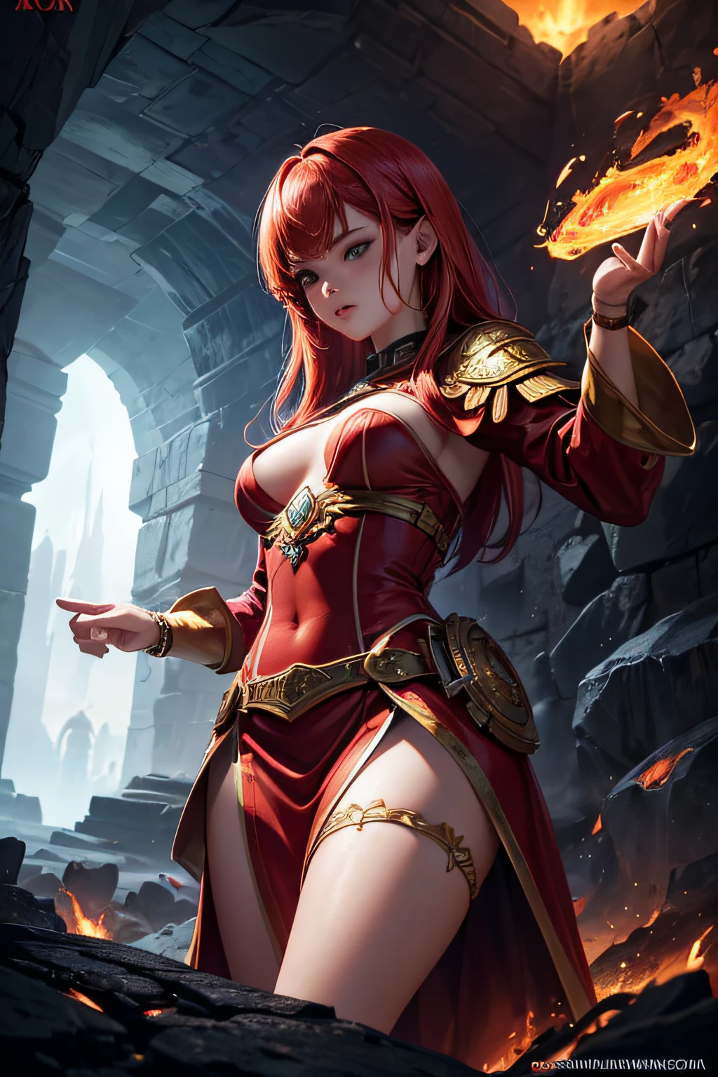 girl, european girl, red hair, fire mage, sorceress, fire goddess, fire covering her body, mages dress, controling all fire around her, makes balls of fire around her body, ancient cave in background, sexi, small breasts, , highly detailed, vibrant appearance, creative behavior, extremly detailed, imaginative, sensual, spontaneous, highest quality, skin texture, intricate details, (cinematic lighting), RAW photo, 8k, masterpiece,best quality,ultra-detailed,very detailed illustrations,extremely detailed,intricate details,highres,super complex details,extremely detailed 8k cg wallpaper,