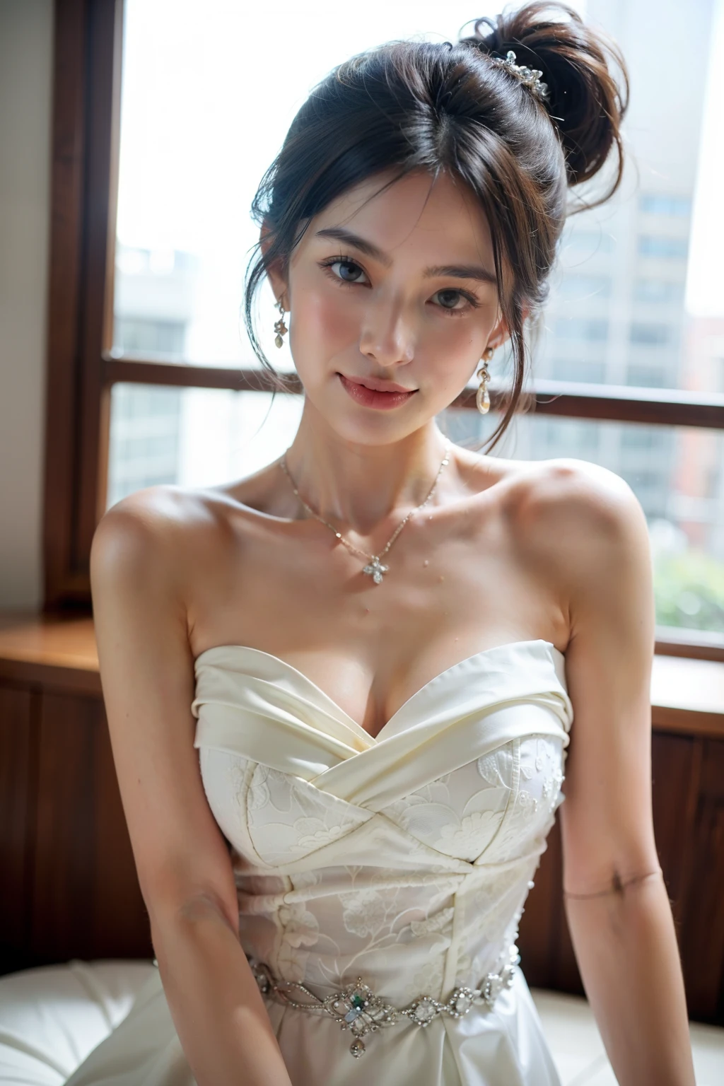 The outline of her nipples is slightly visible under her dress.