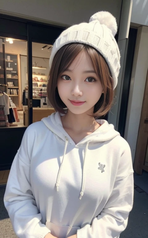 Cute 21 years old Japan、lunch、takeout、outside of house、cafes、hamburgers、Super Detail Face、Eye of Detail、二重まぶた、beautiful thin nose、foco nítido:1.2、prety woman:1.4、(light brown hair,short-haired、),fair white skin、top-quality、​masterpiece、超A high resolution、(Photorealsitic:1.4)、Highly detailed and professional lighting smile、cute colorful hoodie、