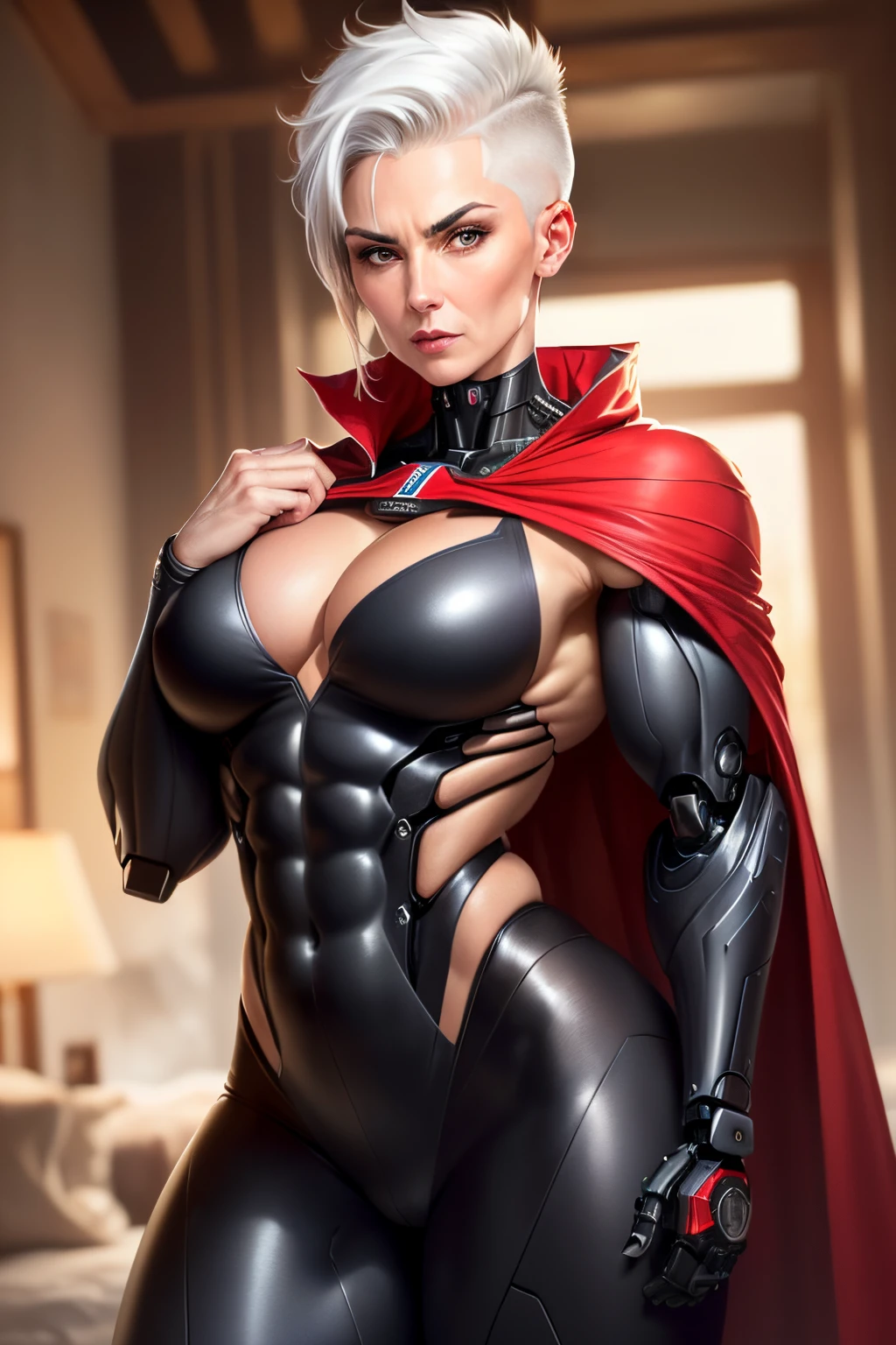 A female robot, full robotic muscles, a sexy Russian face, old woman, ((buzz cut hair)), ((right part hair)),((white hair)), (((the undercut red))), very muscular, soulless face, (small black Cape), sassy poses, rebellion, very realist, Extremely muscular biggest muscles ifbb pro woman bodybuilder, ((lower than neck all robotic body)), ((very detailed face)),((extremely curvy hip)), ((very mature face)), ((sexy very old woman)), ((very old age wrinkles)), ((too much more old age wrinkles)).