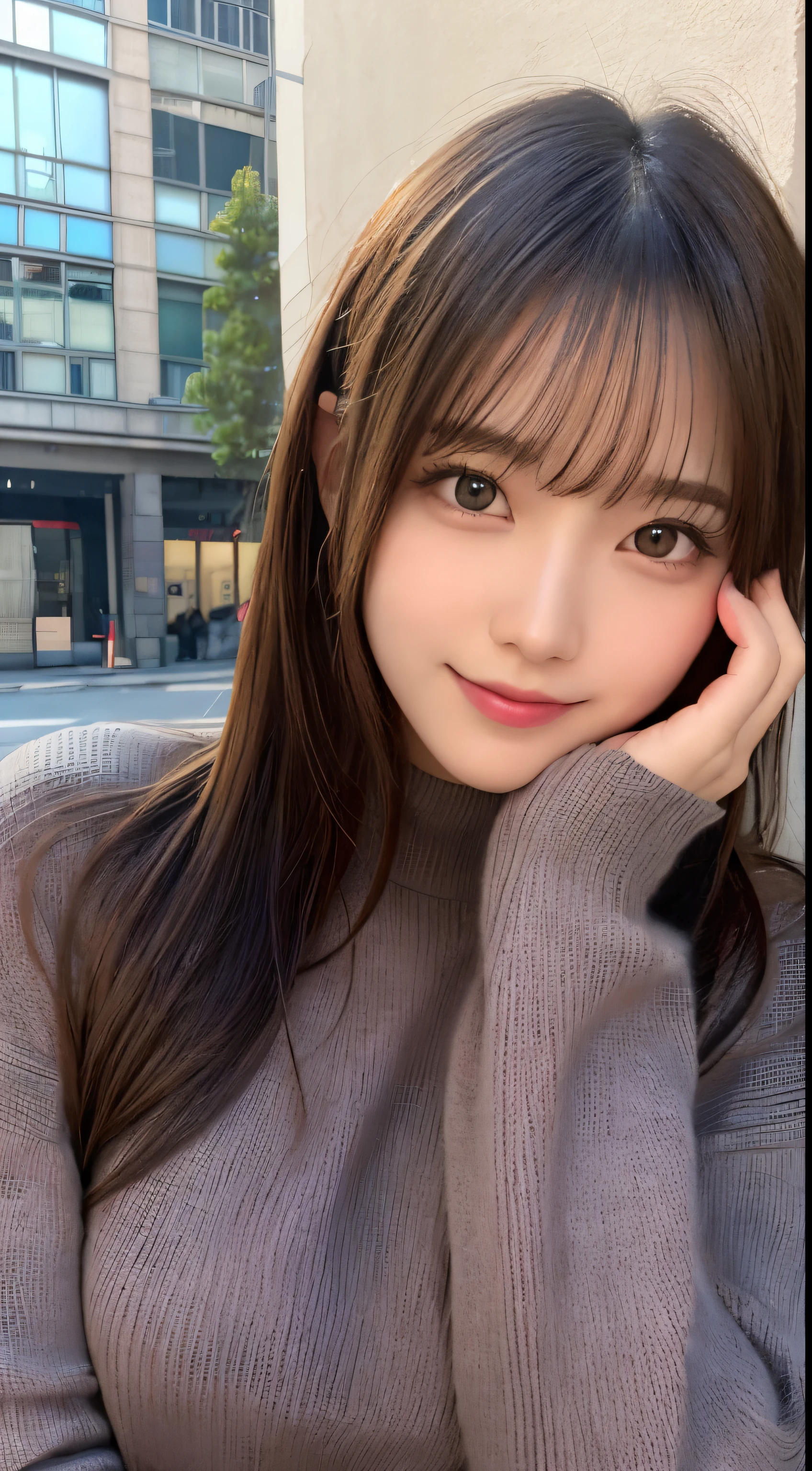 masutepiece, Best Quality, Illustration, Ultra-detailed, finely detail, hight resolution, 8K Wallpaper, Perfect dynamic composition, Beautiful detailed eyes, mocha long sleeve knit dress,Straight hair,Small breasts natural color lip, Randomly sexy poses,Smile、20 years girl、Cute、Sexy shot looking at camera,Perfect and beautiful face