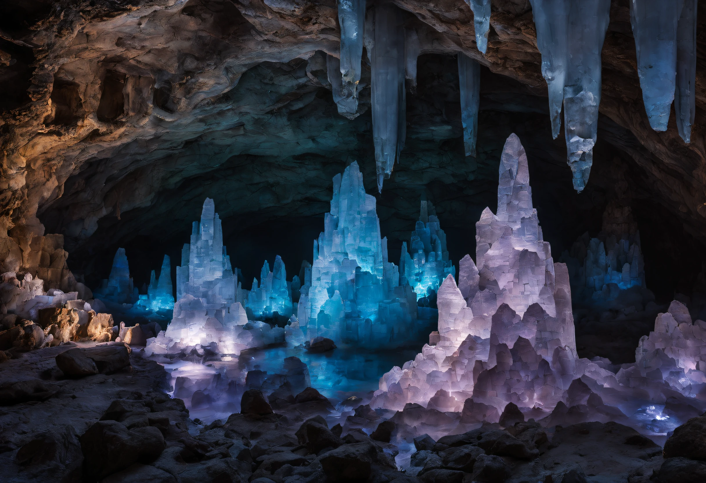 (a large, majestic crystal cave),(best quality,high-res:1.2),(mesmerizing,unforgettable,awe-inspiring,unbelievably beautiful:1.1),(shimmering,sparkling,glowing:1.1),(dazzling,translucent crystals:1.2),(brilliant colors,prismatic reflections),(mysterious darkness,subtle shades of blue and purple),(ethereal lighting,subtly illuminates the cave),(dripping stalactites,stalagmites towering above),(crystalline formations,geometric patterns),(serene atmosphere,tranquil and peaceful),(natural beauty,unspoiled and untouched),(unimaginable size and scale),(an otherworldly sanctuary),(deep underground,in a hidden secret realm),(discovering hidden treasures,exploring uncharted territory),(adventure awaits,thrilling journey through the cave),(sense of wonder and awe,overwhelmed with beauty),(magic and mystery,enchanted by the cave's allure)