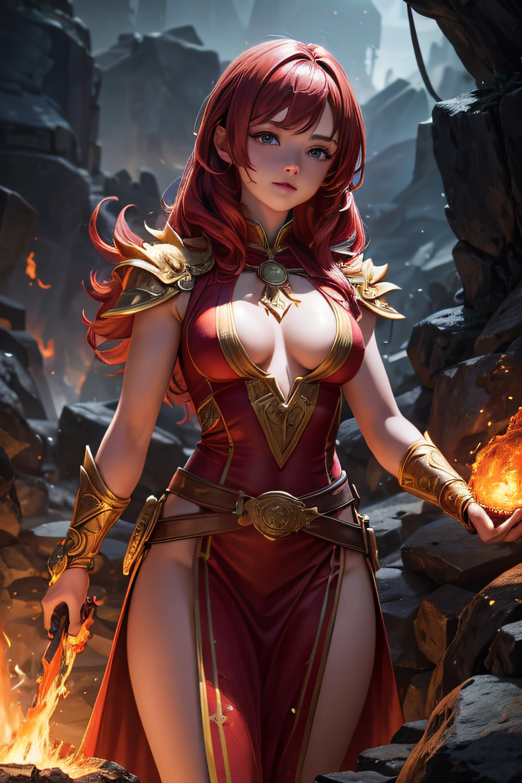 young teen girl, european girl, red hair, fire mage, sorceress, fire goddess, fire covering her body, mages dress made of flames, controling all fire around her, makes balls of fire around her body, ancient cave in background, sexi, small breasts, , highly detailed, vibrant appearance, creative behavior, extremly detailed, imaginative, sensual, spontaneous, highest quality, skin texture, intricate details, (cinematic lighting), RAW photo, 8k, masterpiece,best quality,ultra-detailed,very detailed illustrations,extremely detailed,intricate details,highres,super complex details,extremely detailed 8k cg wallpaper,