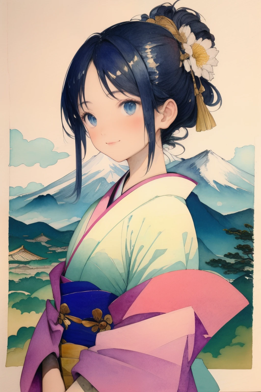 Katsushika Hokusai、ink and watercolor painting、Light shades、pale color、PastelColors、one girls、Kimono、The background a mountain.、Clouds in the sky、top-quality、masuter piece:1.3