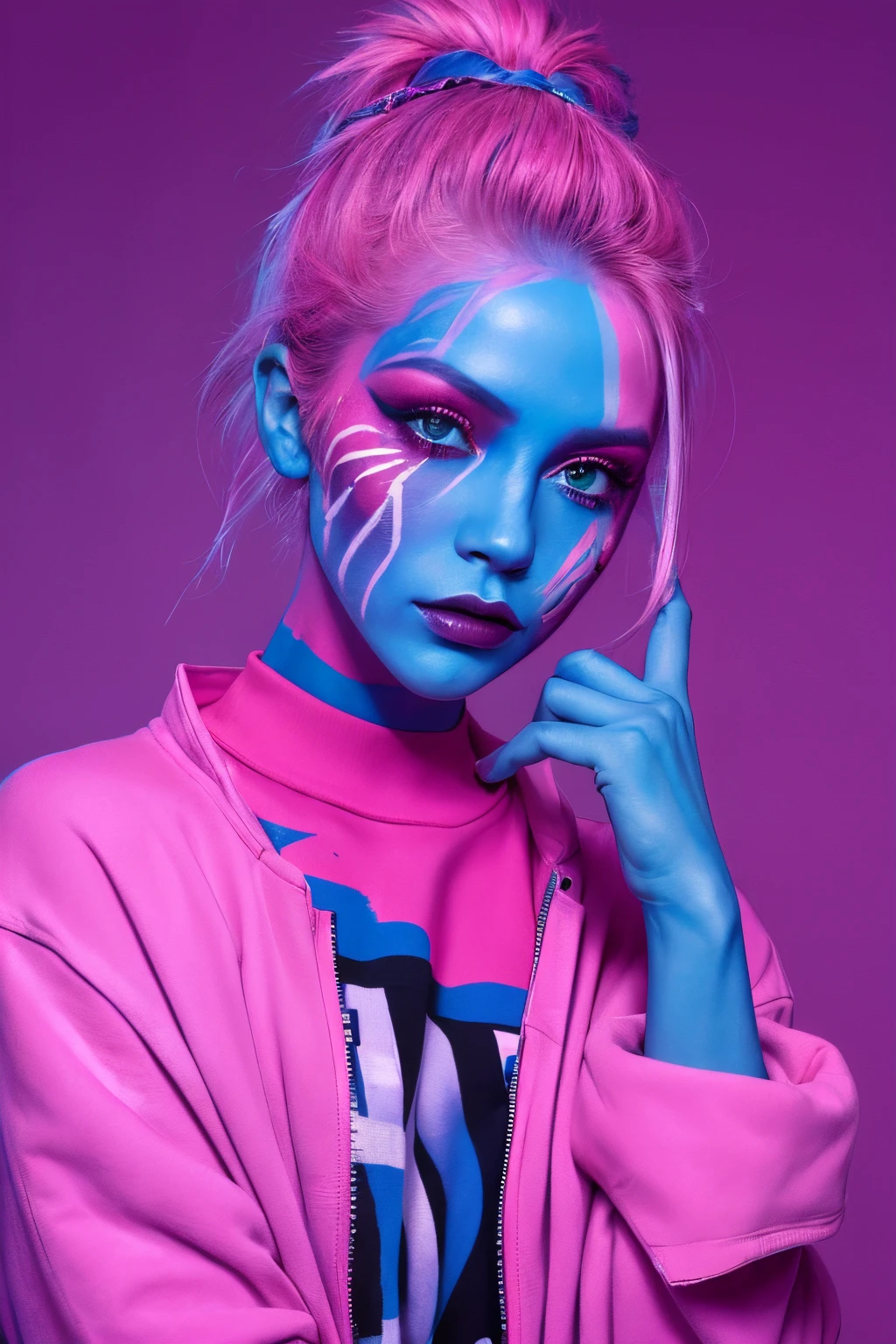 (coolcolor:1),1 Sister, Internet fashion, Punk fashion, cosmetics, facepaint, Pink eyeshadow, , jaket, Upper part of the body,((tmasterpiece)), ((Best quality at best)), 8K, high detal, ultra - detailed,