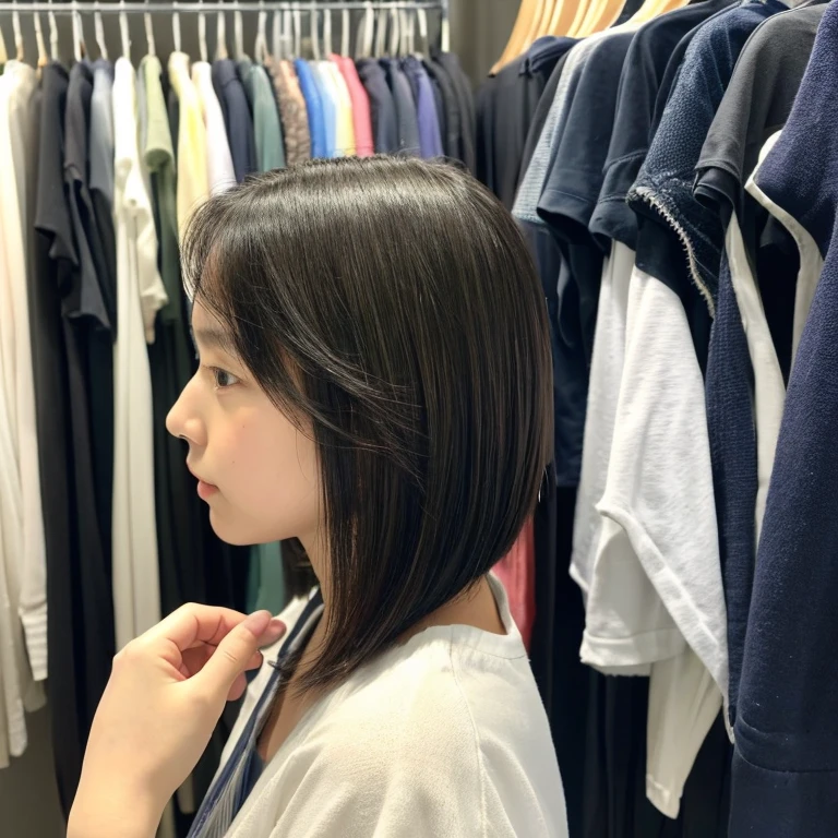 An ultra-high picture quality、Perfect Photo、japanes、japanese beauty girl、 student、((((profile))))、Small eyes、Slender eyes、dressing room、summer clothing、Photography Staff、Photography Studio、A dark-haired、Reverse Bob Hair、look at side、