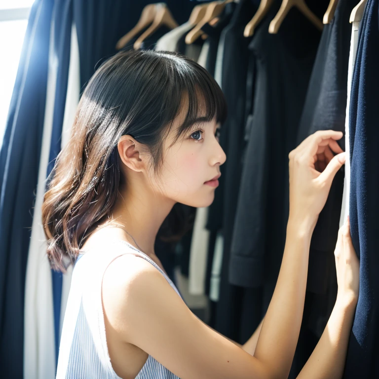 An ultra-high picture quality、Perfect Photo、japanes、japanese beauty girl、15yo student、((((profile))))、Small eyes、Slender eyes、dressing room、summer clothing、Photography Staff、Photography Studio、A dark-haired、Reverse Bob Hair、look at side、