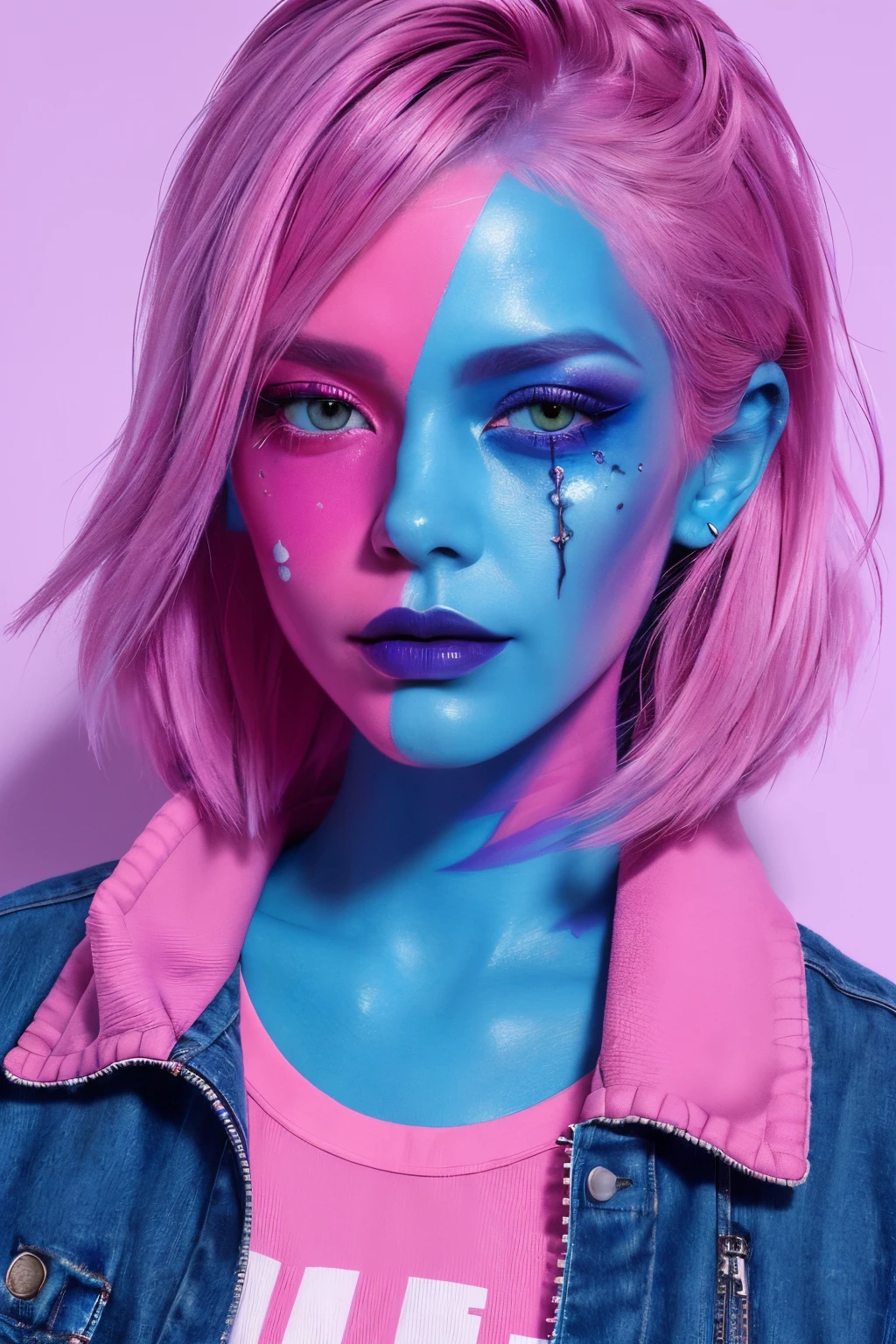 (coolcolor:1),1 Sister, Internet fashion, Punk fashion, cosmetics, facepaint, Pink eyeshadow, , jaket, Upper part of the body,((tmasterpiece)), ((Best quality at best)), 8K, high detal, ultra - detailed,