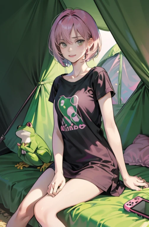 detailed a girl, (16 years old, solo:1.3) messy hair, black short hair, (slender:1.1), finely detailed eyes, dark green eyes, (small breasts),
oversized t-shirt, frog print t-shirt, t-shirt dress , bottomless,
sitting floor, [:(pink inner hair pink:1.5):12],
in tent, camp, (holding Nintendo Switch:1.1), forest, little smile,