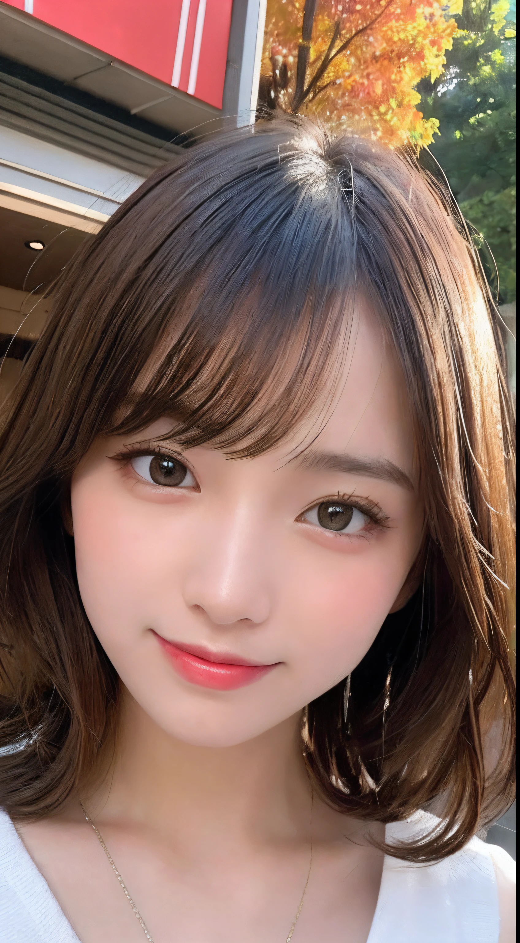 masutepiece, Best Quality, Illustration, Ultra-detailed, finely detail, hight resolution, 8K Wallpaper, Perfect dynamic composition, Beautiful detailed eyes, Women's Fashion Autumn,Medium wavy hair,small tits、Natural Color Lip, Bold sexy poses,Smile,Harajuku、20 years girl、Cute、Sexy shot looking at camera