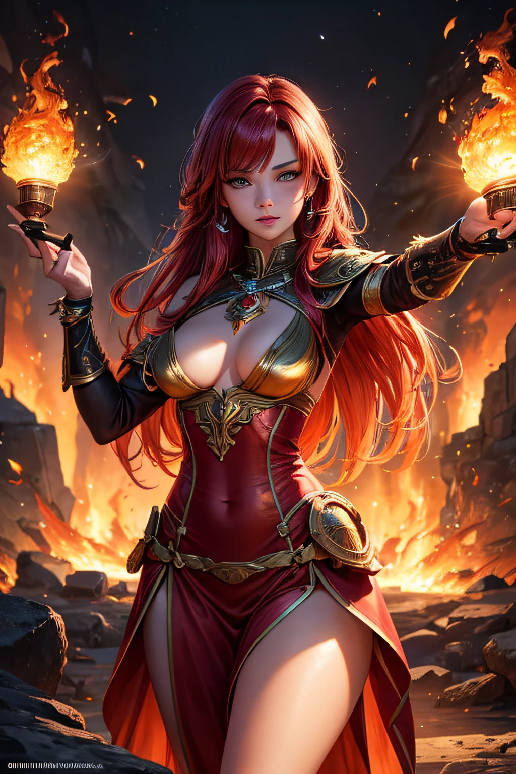 young teen girl, european girl, red hair, fire mage, sorceress, fire goddess, fire covering her body, mages dress made of flames, controling all fire around her, makes balls of fire around her body, ancient cave in background, sexi, small breasts, , highly detailed, vibrant appearance, creative behavior, extremly detailed, imaginative, sensual, spontaneous, highest quality, skin texture, intricate details, (cinematic lighting), RAW photo, 8k, masterpiece,best quality,ultra-detailed,very detailed illustrations,extremely detailed,intricate details,highres,super complex details,extremely detailed 8k cg wallpaper,