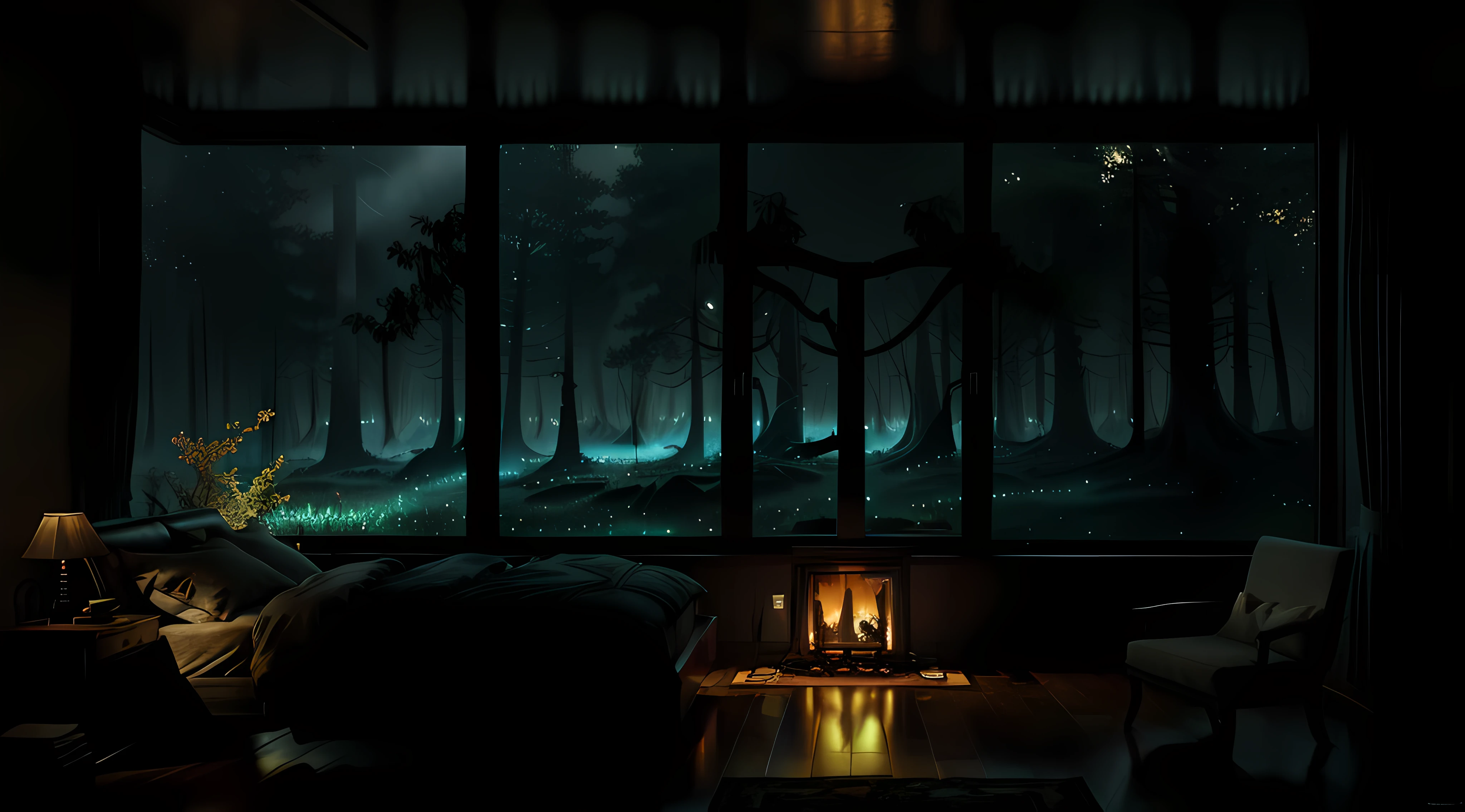 View of the bedroom and sofa with fire in the fireplace, large windows, looking towards the forest,quiet night. digital illustration, rainy day. game rendering, rainy night, gloomy cinematic lighting, atmosphere. digital painting, moody cartoon scenes, dramatic lighting. concept art, atmospheric shots, gloomy weather. hyperrealistic, atmospheric rendering, rainy night, huge forest, atmospheric and sandy details, beautiful and cinematic lighting, rainforest