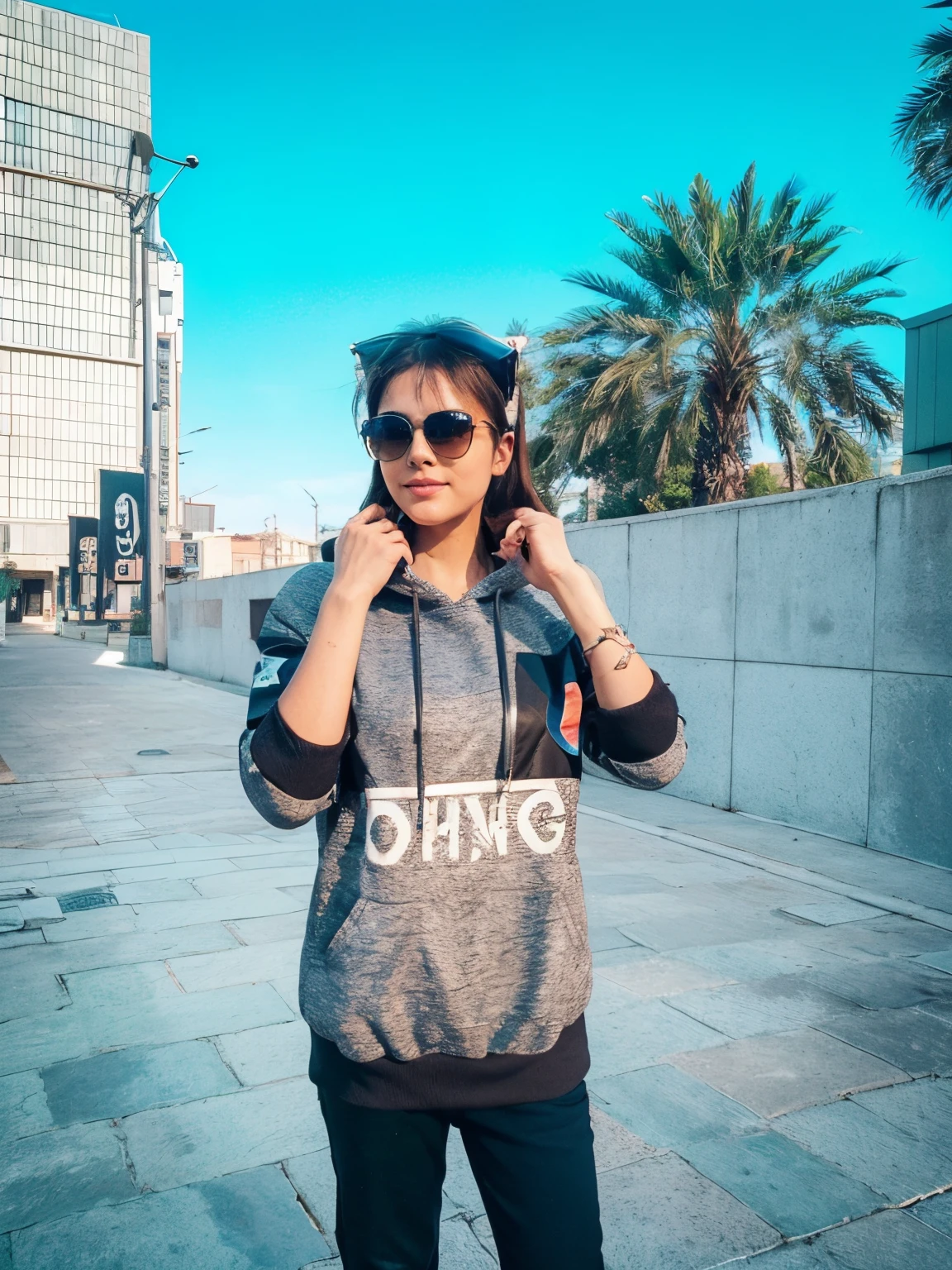 Perfect centering, Cute cat, Wear a jacket, Wearing sunglasses, Wearing headphones, cheerfulness, Standing position, Abstract beauty, Centered, Looking at the camera, Facing the camera, Approaching perfection, Dynamic, Highly detailed, Smooth, Sharp Focus, 8K