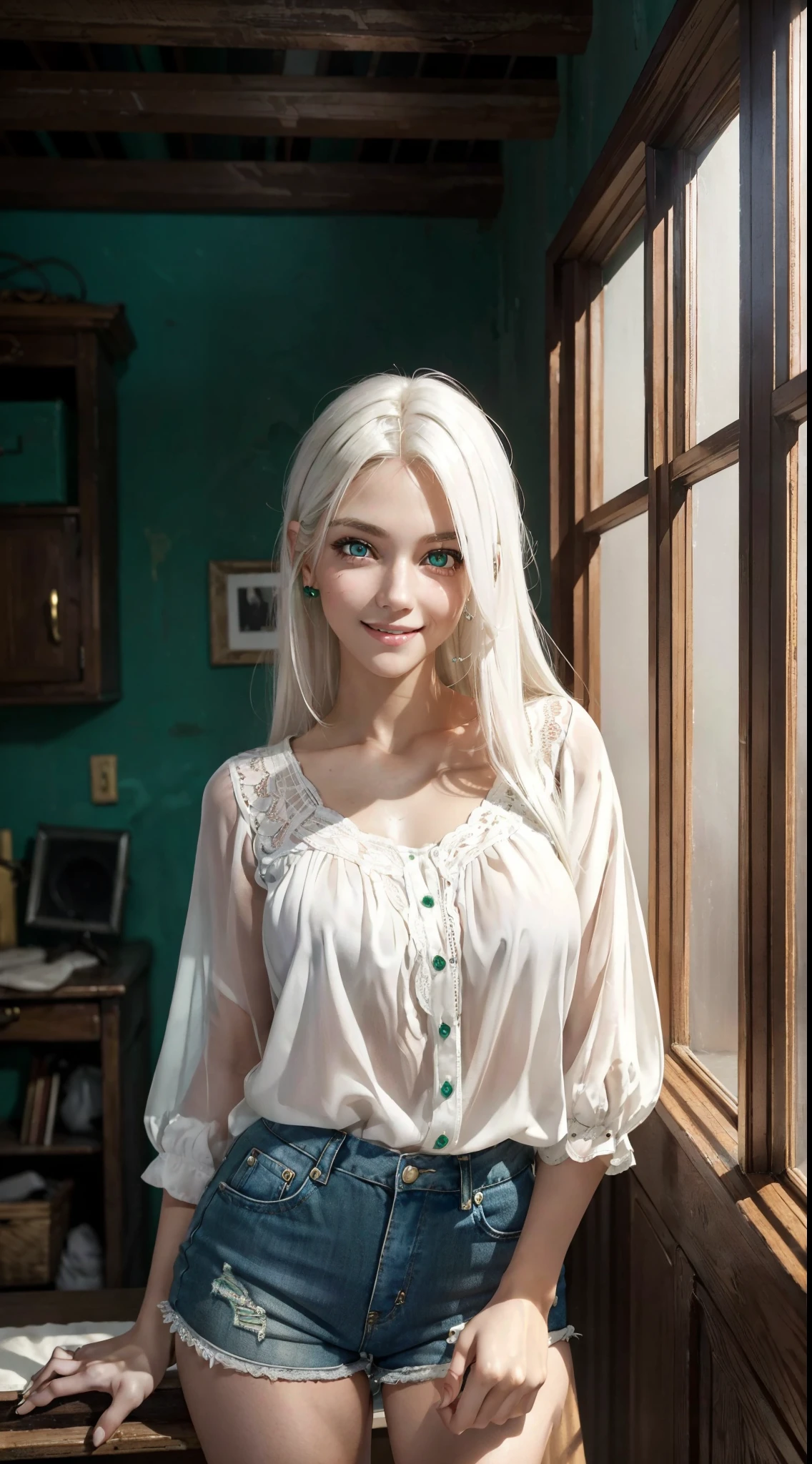an extremely beautiful blonde girl, with intrinsic details, totally out of the ordinary, with a beautiful smile, wearing shorts and blouse, in a dirty and abandoned room, alone, ((always repeat the same face)), ((facing the camera)), ((very white hair)), ((emerald eyes)), ((emerald irises)), ((always repeat the same proportions))