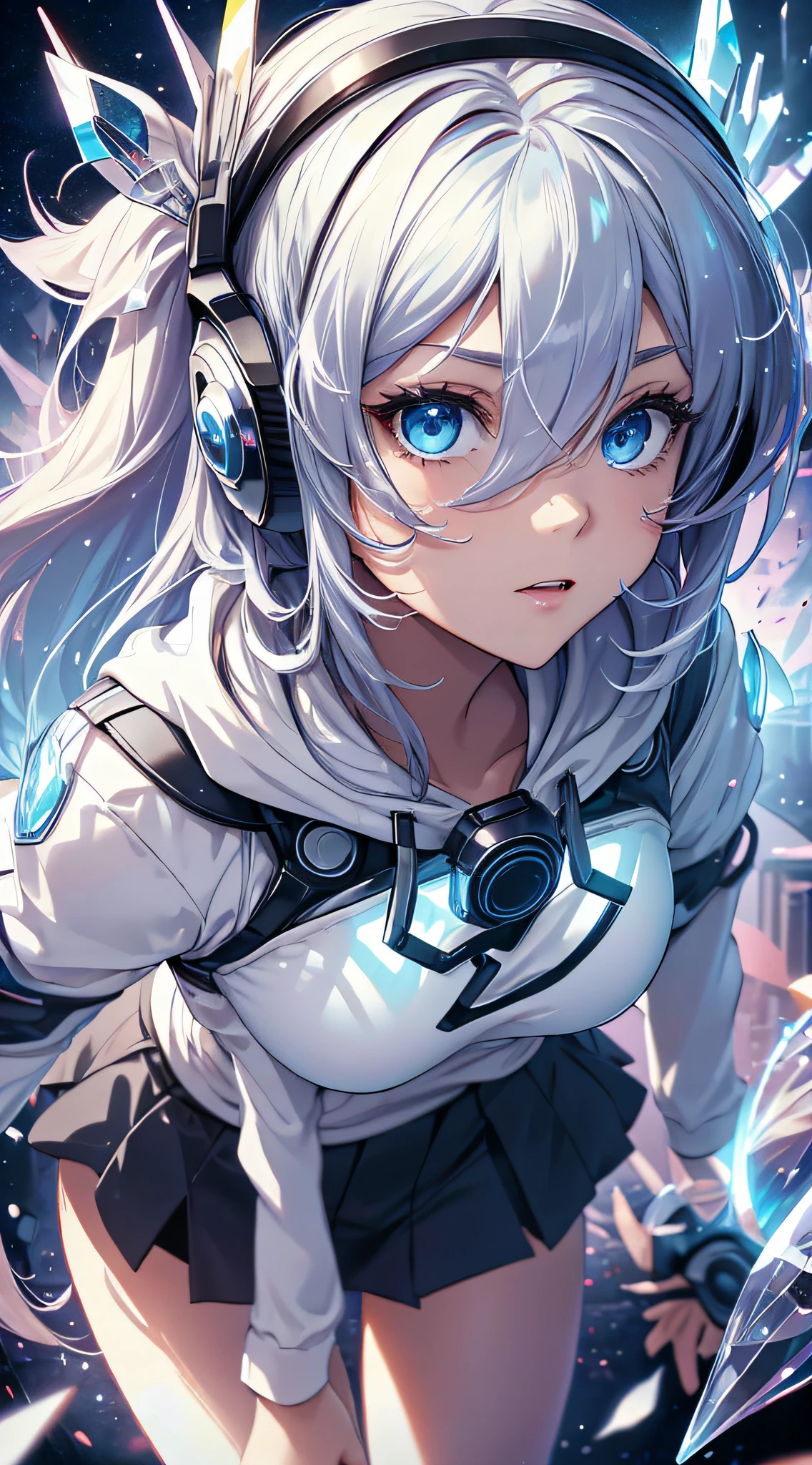 top-quality、Top image quality、masterpiece、teens girl((White and blue hoodie、Black skirt、18year old、 Ager、Best Bust、big bast,Beautiful light blue eyes, Long silver hair、A slender,Large valleys、Reflecting the whole body、Leaning forward、Attach the VR visor to your eyes、suspicious behavior、Excited face、play VR)),hiquality、Beautiful Art、Background with(( Cyber World、Cyber World、Space world、masterpiece of the universe、depth of fields,
