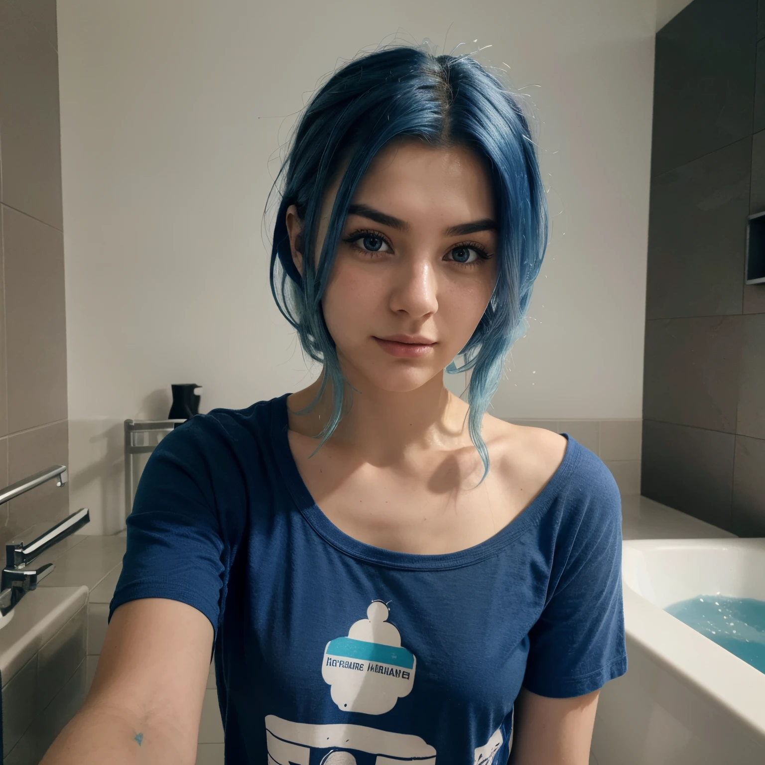 22 year old blue haired model, Nahaufnahme des Gesichts, Selfie, nur Gesicht, Nah dran am Gesicht, Atemberaubend, im Badezimmer, nasse Haare, schwarzes t-shirt