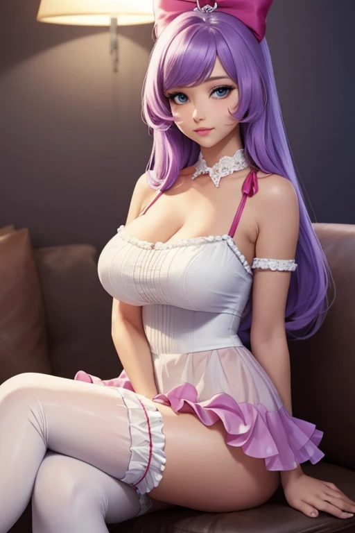 (ultra realistic,32k,RAW photo:1.1),(high detailed skin:1.1), 8k uhd, dslr, high quality, film grain, (makeup, mascara:1.1), lips,(thick\lips\), (shiny glossy translucent clothing:1.1), manaka lala, ahoge, hair bow, white thighhighs, frilled dress, light purple hair, huge breast, (upper body:1.1) (looking at viewer, sitting, crossed legs:1.1),, (busty:1.1) , (chubby:0.1),(beautifully lit:1.1),dark theme