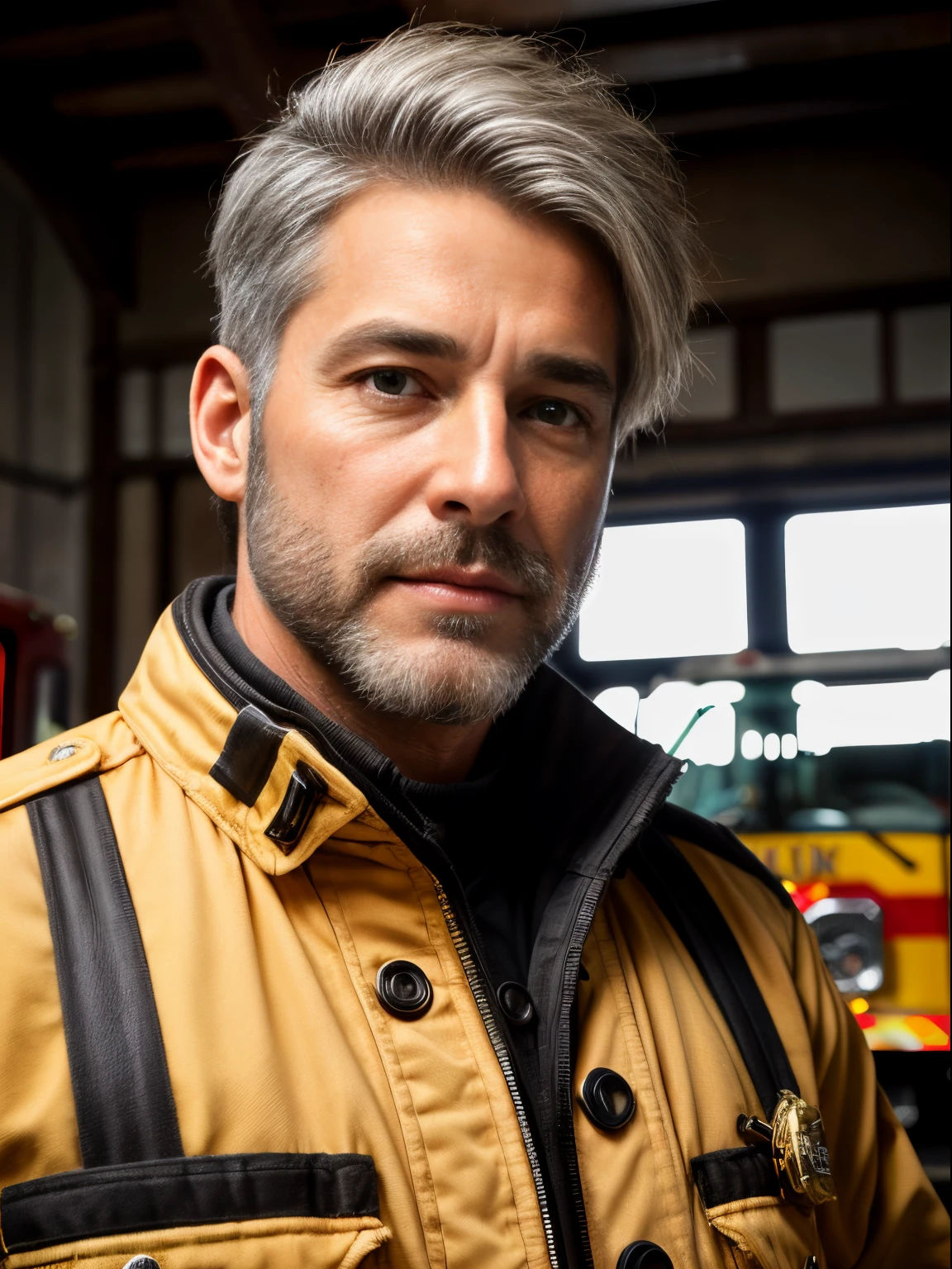 masterpiece, best quality, high resolution, closeup portrait, male focus, solo focus, A man, 50 years old, with firefighter uniform, firefighter suit, firefighter, bleached blonde silver hair, looking french, messy short hairstyle, cute and seductive face, bare chest, body hair, facial hair, facial hair unshaved, roman nose, very skinny body, hairy legs, dimples, medium beard, bold jawline , in the background a fire station, view from below, amazing composition, front view, HDR, ultra quality, elegant, highly detailed