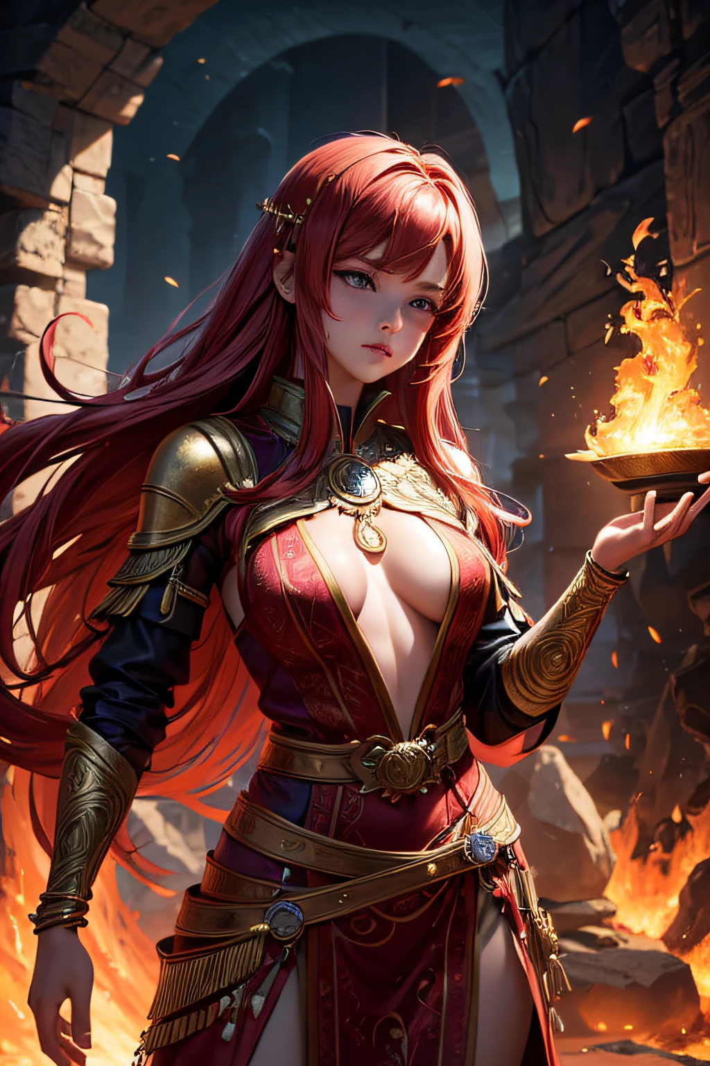  girl, european girl, red hair, fire mage, sorceress, fire goddess, fire covering her body, mages dress made of flames, controling all fire around her, makes spirals of fire around her body, ancient cave in background, sexi, small breasts, , highly detailed, vibrant appearance, creative behavior, extremly detailed, imaginative, sensual, spontaneous, highest quality, skin texture, intricate details, (cinematic lighting), RAW photo, 8k, masterpiece,best quality,ultra-detailed,very detailed illustrations,extremely detailed,intricate details,highres,super complex details,extremely detailed 8k cg wallpaper,