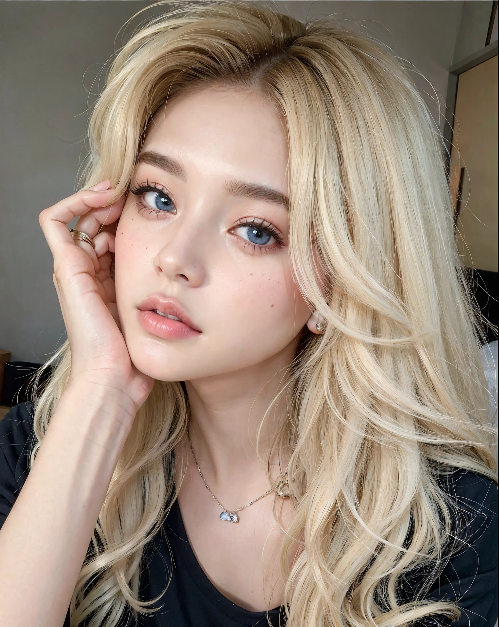 Blonde woman with long hair and a necklace looking at the camera., pale skin curly blond hair, Una chica con cabello rubio, Kailee Mandel, cabello rubio y ojos grandes, Chica perfecta de pelo blanco, Cabello largo y rubio y ojos grandes, Retrato de Kim Petras, con cabello largo y rubio, Ava Max, cabello rubio y ojos azules, su cabello blanco