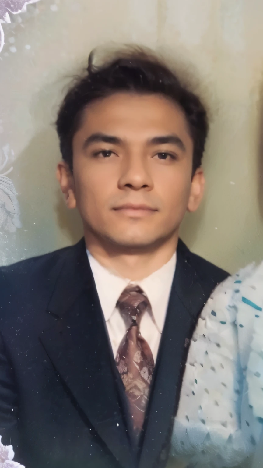 The image is a photograph of a man wearing a suit and tie. He is in front of a green background, possivelmente uma parede, e parece estar posando para a foto. O traje masculino inclui gravata, which is visible and gives a formal touch to the outfit. The overall atmosphere of the photograph suggests a classic, timeless style. Make it as realistic as possible