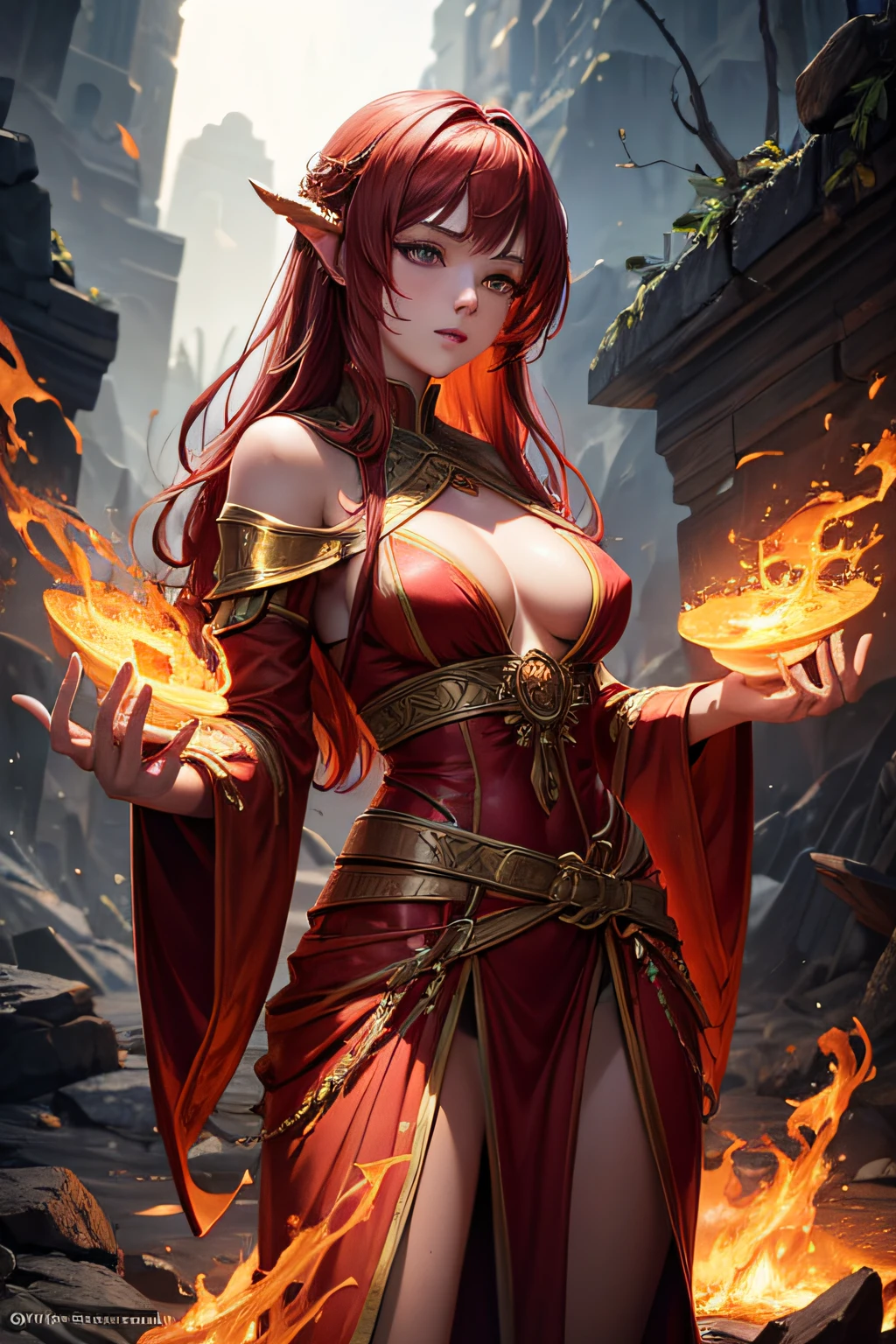 young teen girl, european girl, red hair, fire mage, sorceress, fire goddess, fire covering her body, mages dress made of flames, controling all fire around her, makes spirals of fire around her body, ancient cave in background, sexi, small breasts, , highly detailed, vibrant appearance, creative behavior, extremly detailed, imaginative, sensual, spontaneous, highest quality, skin texture, intricate details, (cinematic lighting), RAW photo, 8k, masterpiece,best quality,ultra-detailed,very detailed illustrations,extremely detailed,intricate details,highres,super complex details,extremely detailed 8k cg wallpaper,