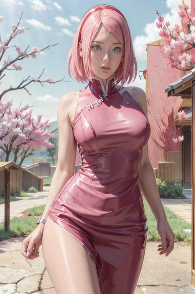 .young woman, porcelain skin, short bubblegum pink hair, big red lips, big green eyes, pink eyebrows, red leather dress, Sakura Haruno, 3d, realism
