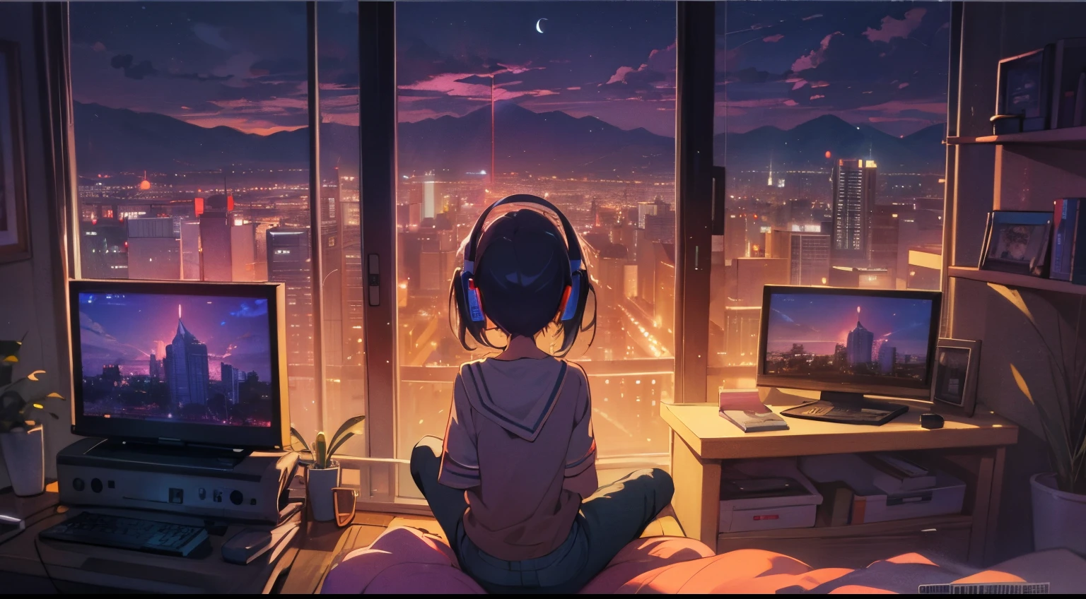 (from behind), anime girl sitting in front of a computer in a cozy bedroom, girl listening to music in a cozy room at (night), using headphones, in a rooftop, (beautiful night views from windows), lots of stuff, 2D anime style, 90s anime aesthetic, Lo-fi, highly detailed, Hard disk, anime style mixed with fujifilm, hyper realistic, 8k, Masterpiece
