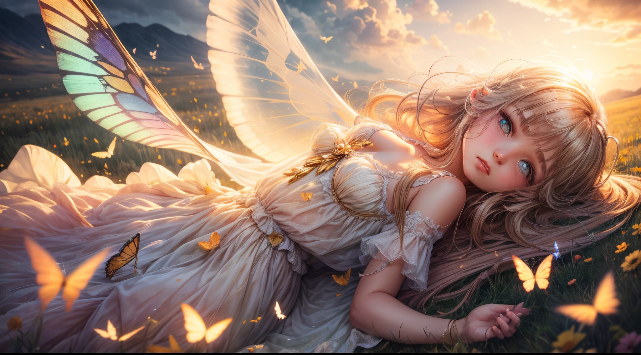 "((Innocent)) girl, golden hour, dreamy meadow, ethereal, whimsical, flowing dress, soft sunlight, enchanting, butterfly wings, (pastel clouds), liquid reflections
