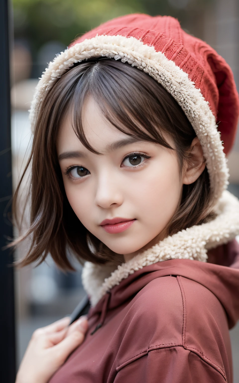 Cute 21 years old Japan、Shops、shopping、Super Detail Face、Eye of Detail、二重まぶた、beautiful thin nose、foco nítido:1.2、prety woman:1.4、(light brown hair,short-haired、),fair white skin、top-quality、​masterpiece、超A high resolution、(Photorealsitic:1.4)、Highly detailed and professional lighting smile、Red hoodie、Red knitted hat、